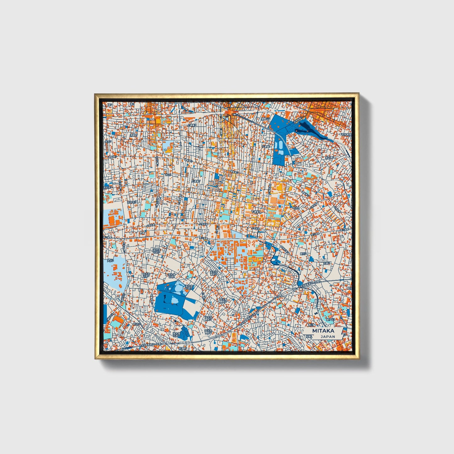 Mitaka Japan Colorful City Map Canvas Print • Gold Framed