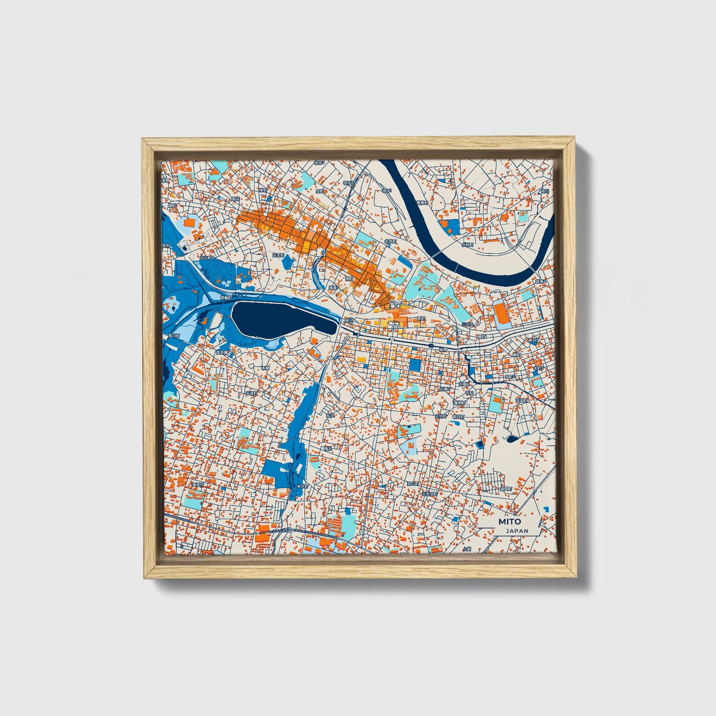 Mito Japan Colorful City Map Canvas Print • Natural Wooden Framed