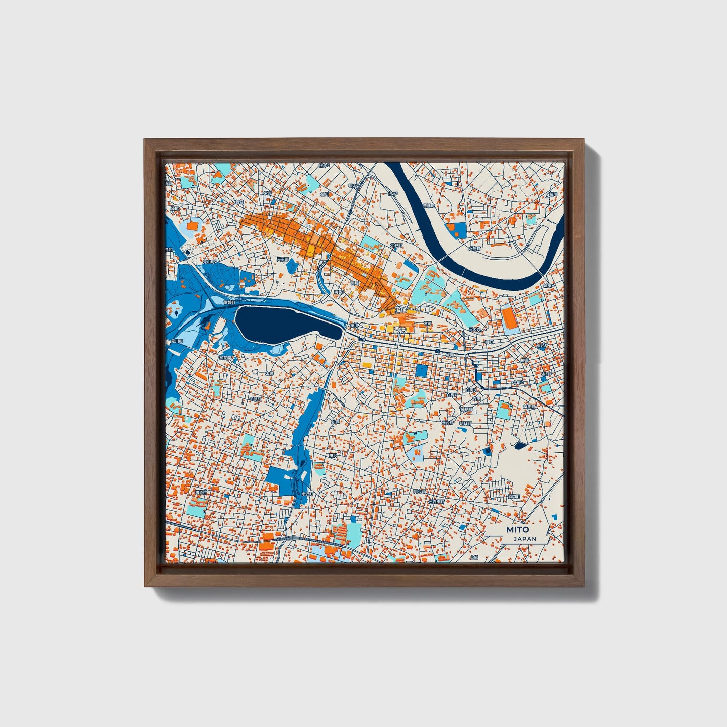 Mito Japan Colorful City Map Canvas Print • Dark Wooden Framed