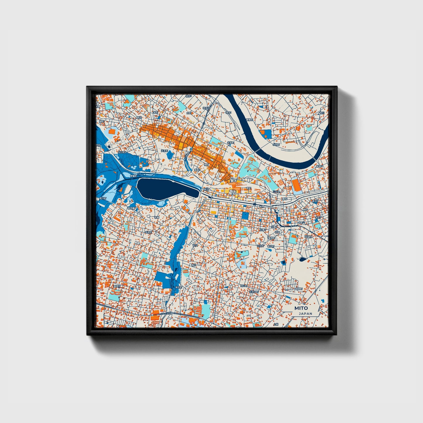 Mito Japan Colorful City Map Canvas Print • Black Framed