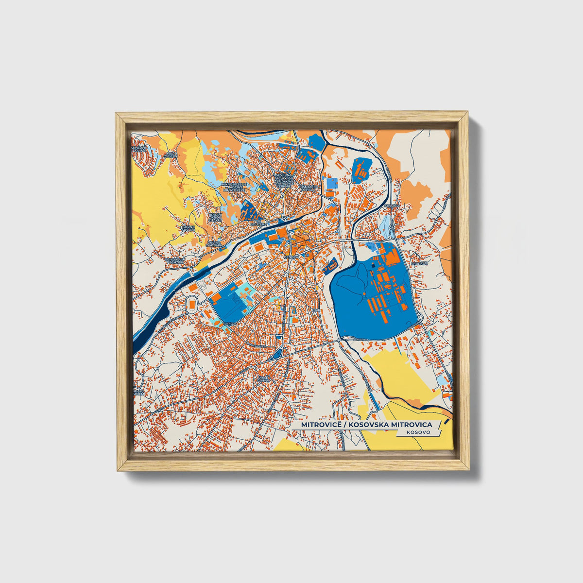 Mitrovicë Kosovo Colorful City Map Canvas Print • Natural Wooden Framed