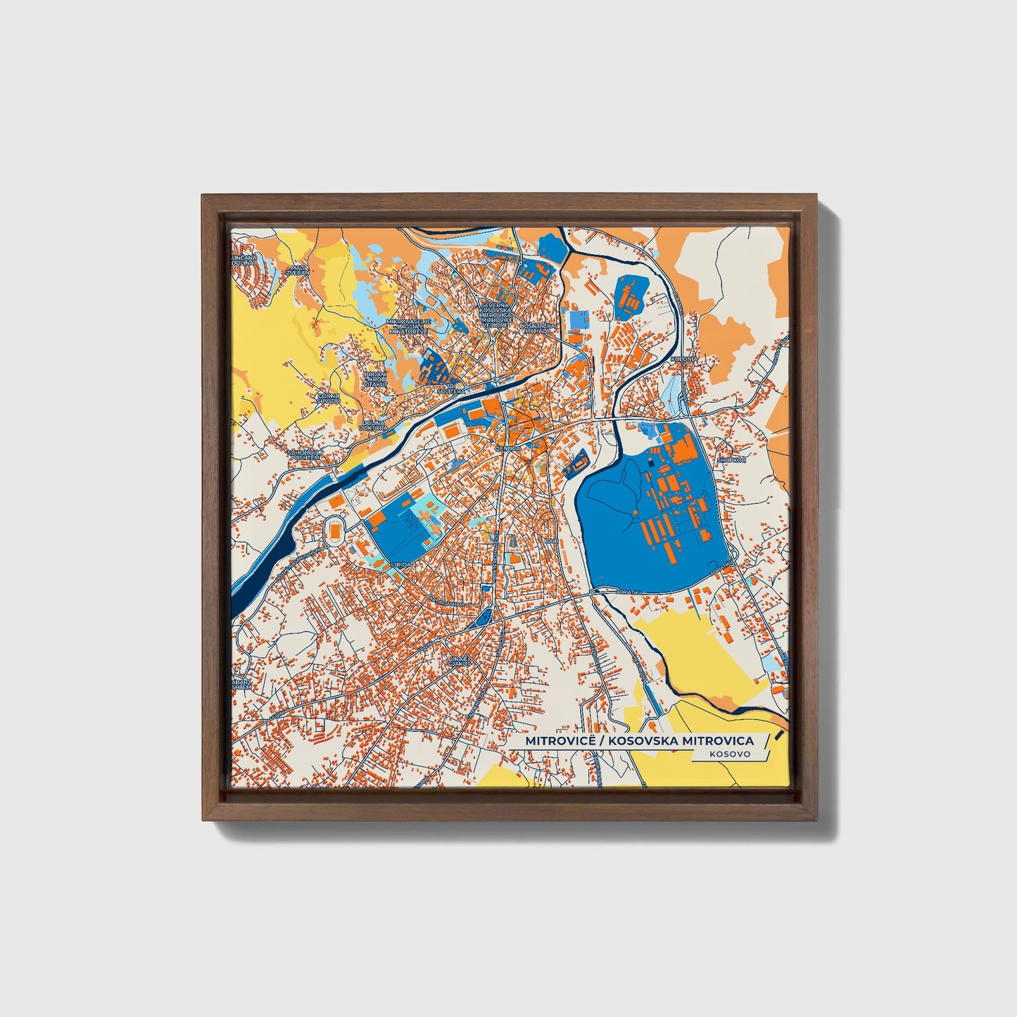 Mitrovicë Kosovo Colorful City Map Canvas Print • Dark Wooden Framed