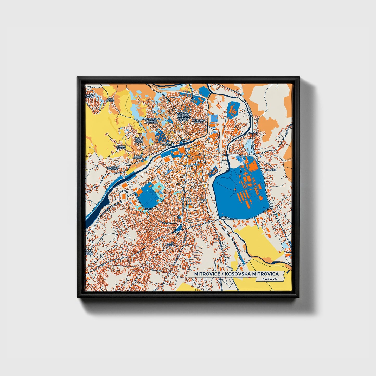 Mitrovicë Kosovo Colorful City Map Canvas Print • Black Framed