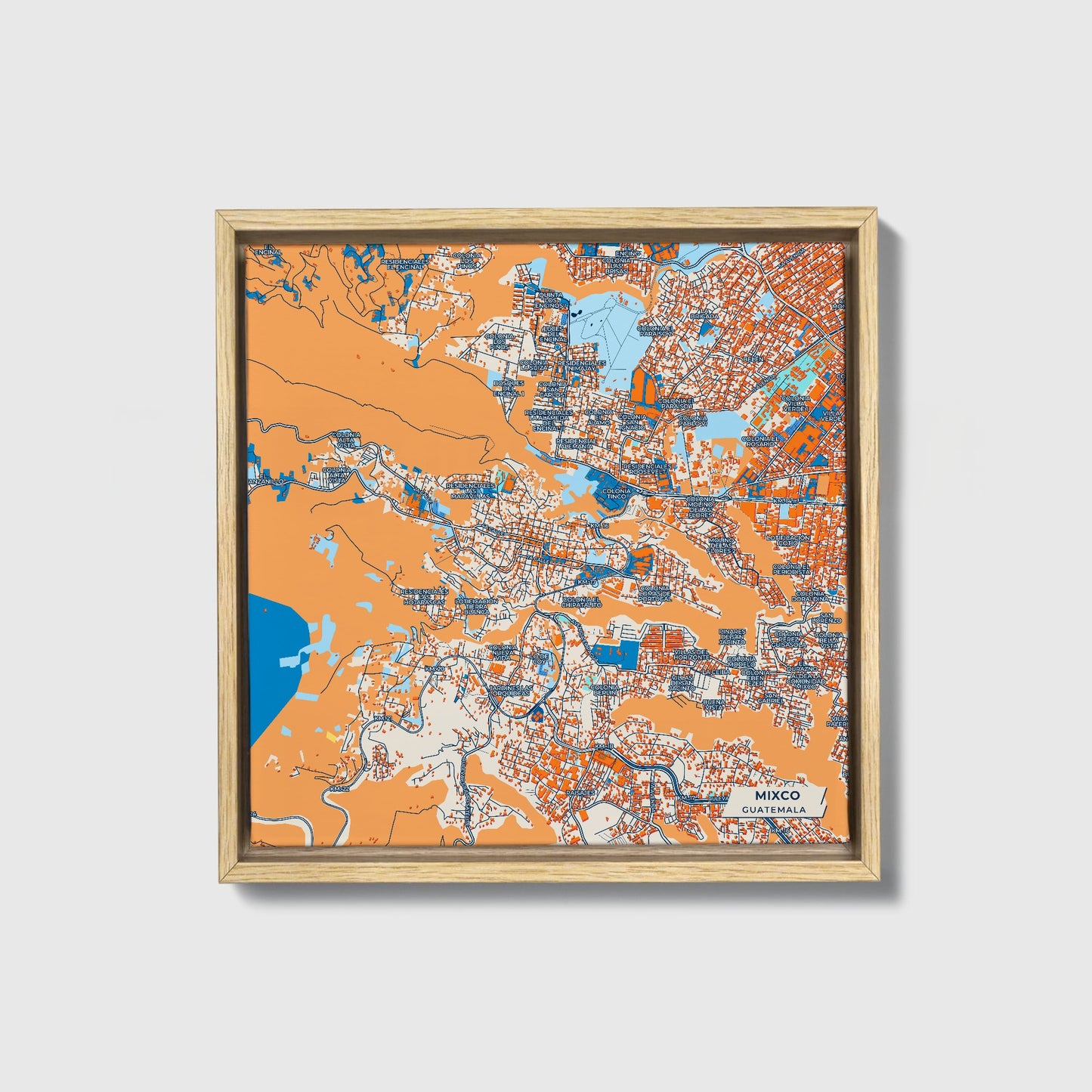 Mixco Guatemala Colorful City Map Canvas Print • Natural Wooden Framed
