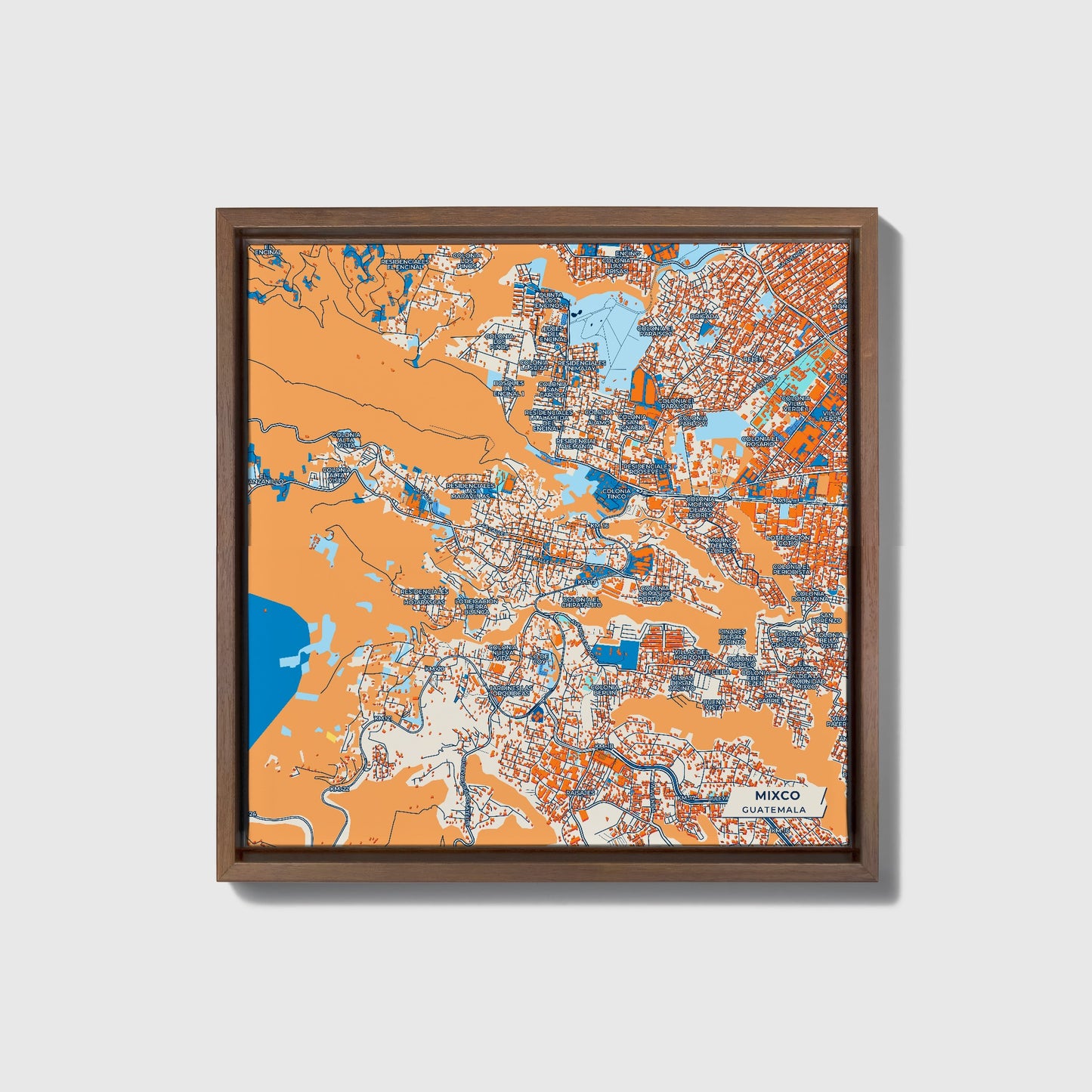 Mixco Guatemala Colorful City Map Canvas Print • Dark Wooden Framed
