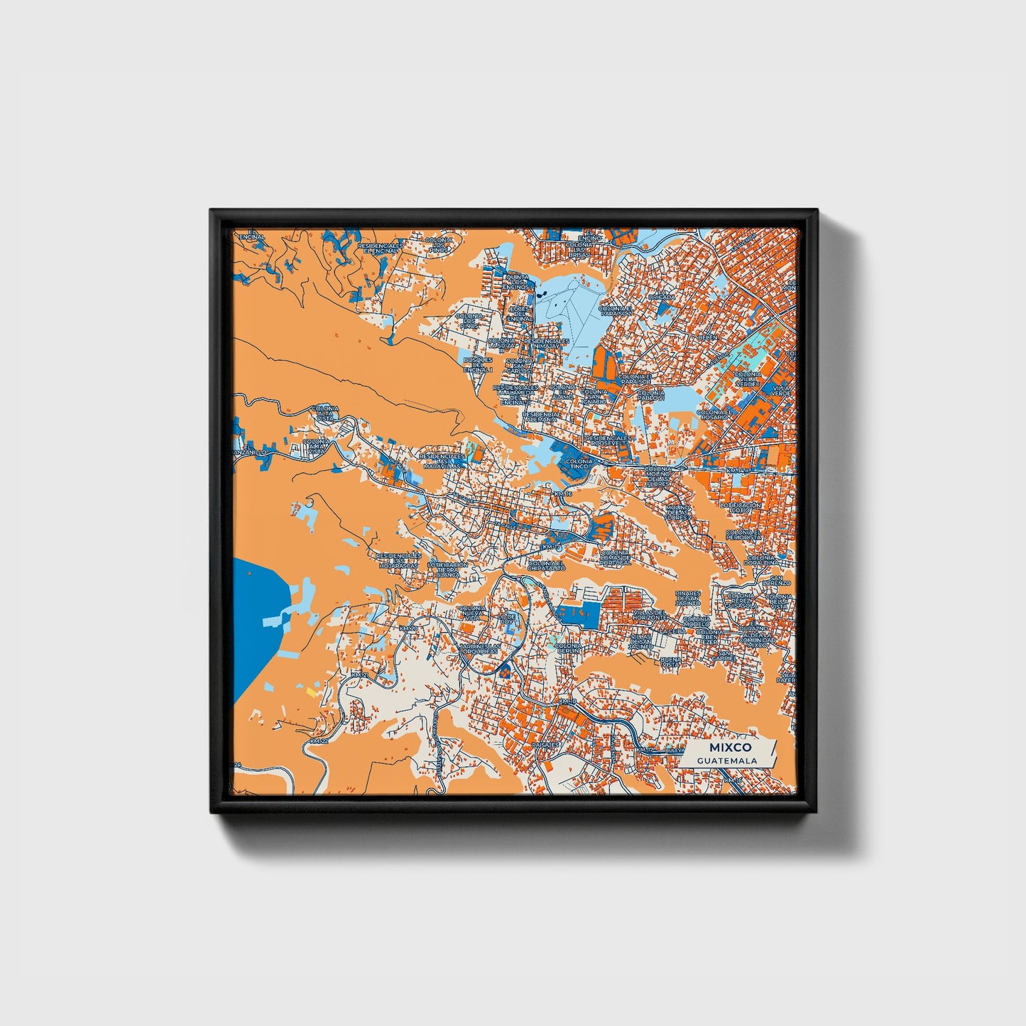 Mixco Guatemala Colorful City Map Canvas Print • Black Framed