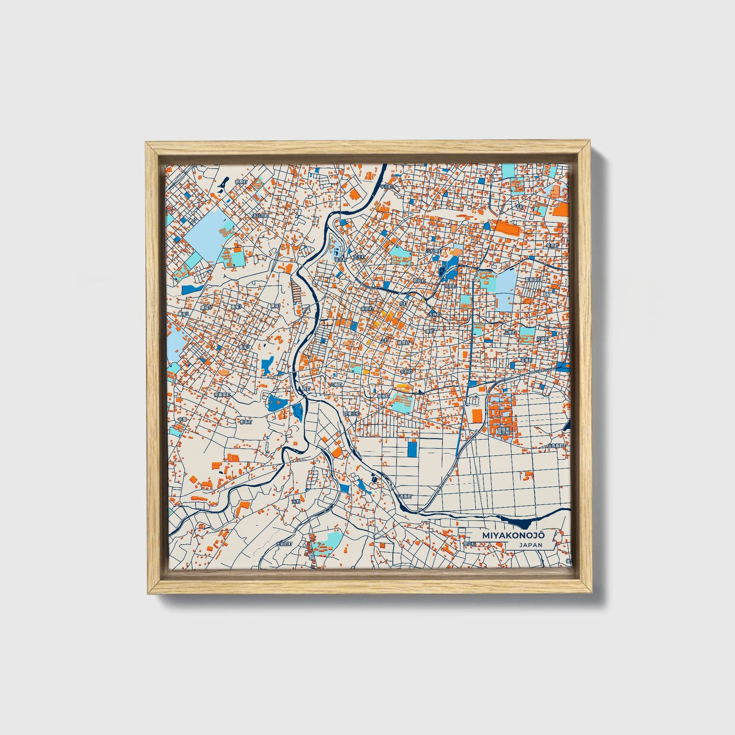 Miyakonojō Japan Colorful City Map Canvas Print • Natural Wooden Framed