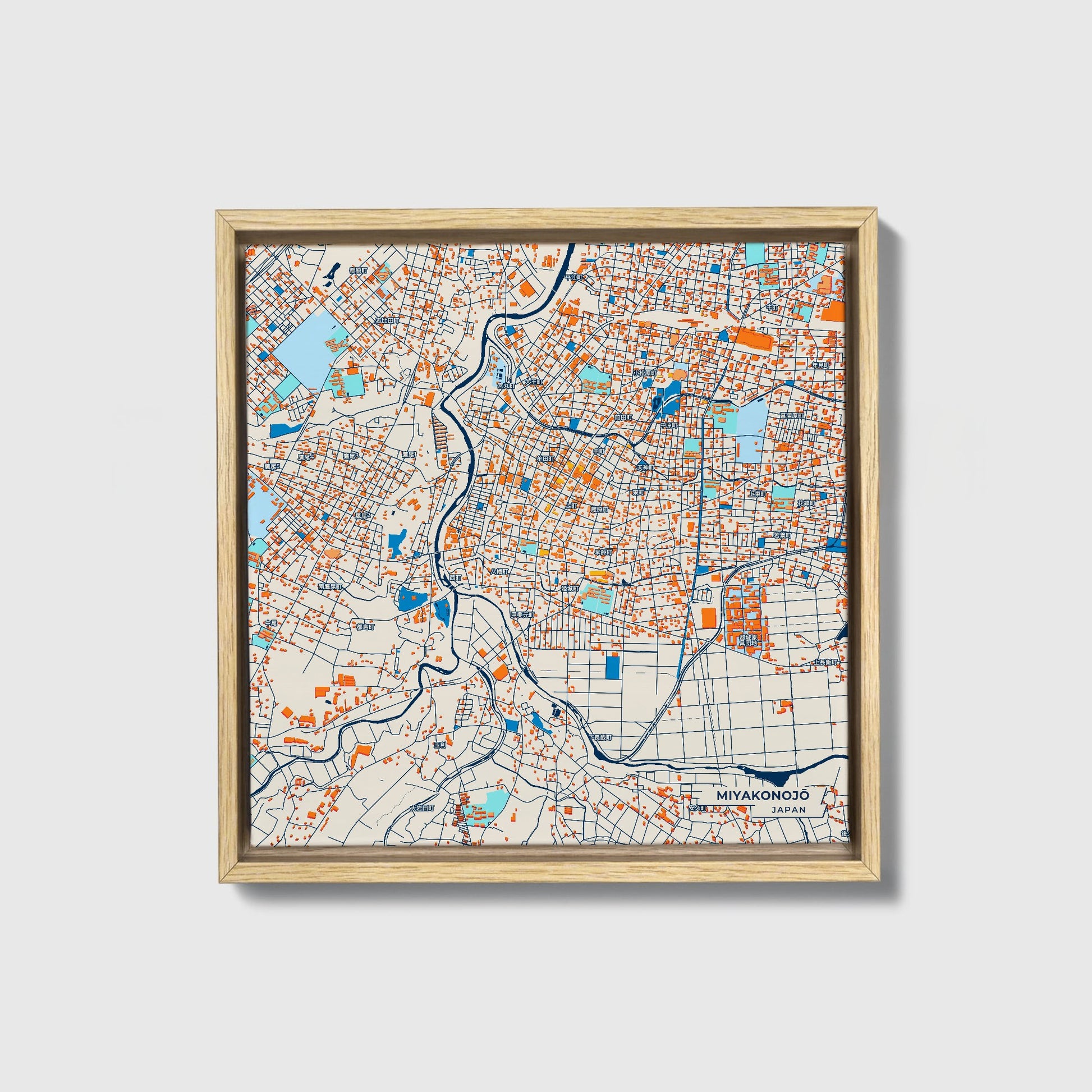 Miyakonojō Japan Colorful City Map Canvas Print • Natural Wooden Framed