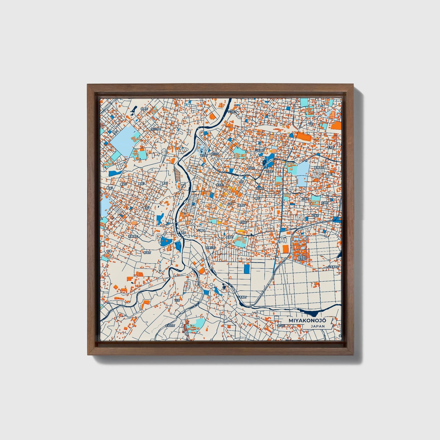 Miyakonojō Japan Colorful City Map Canvas Print • Dark Wooden Framed