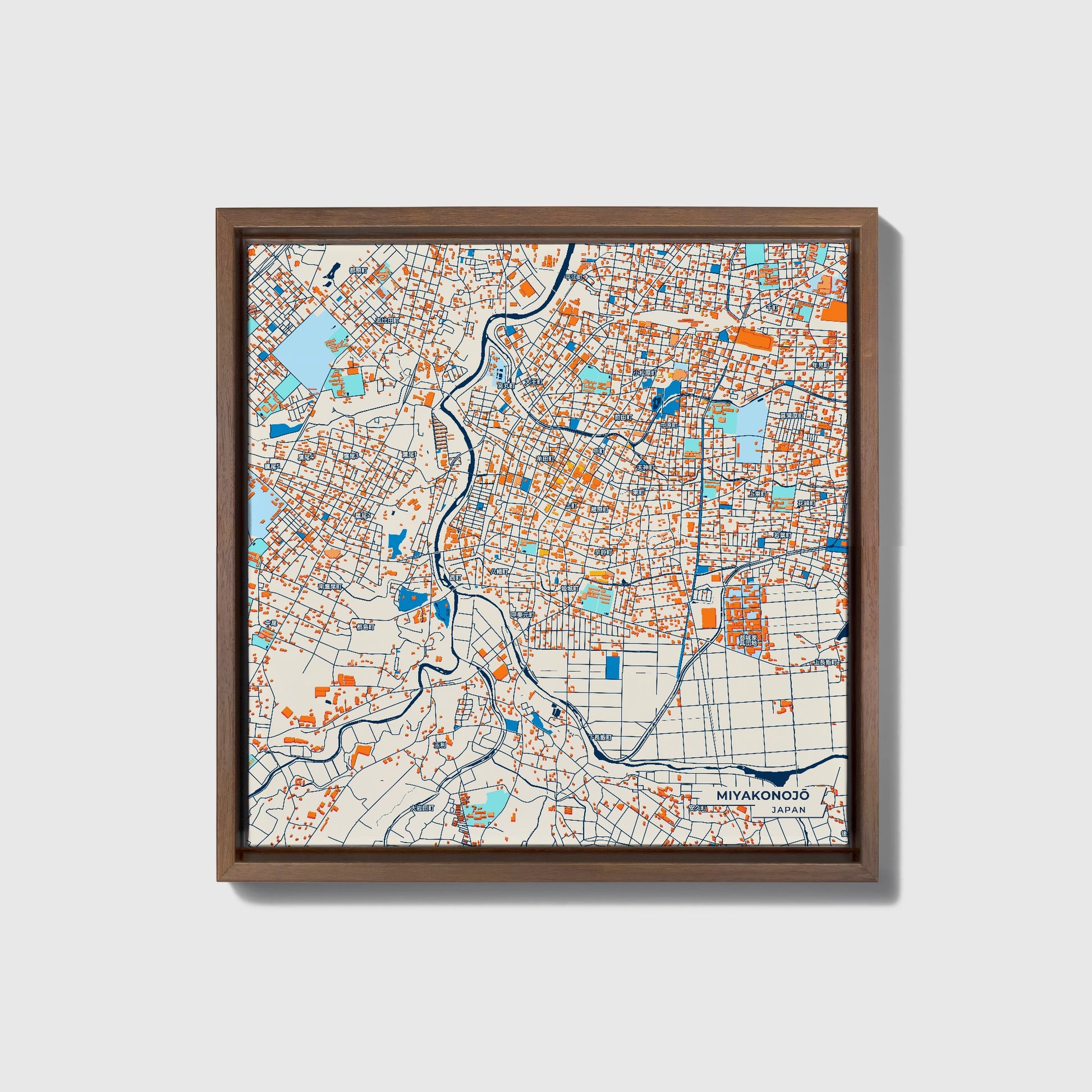 Miyakonojō Japan Colorful City Map Canvas Print • Dark Wooden Framed