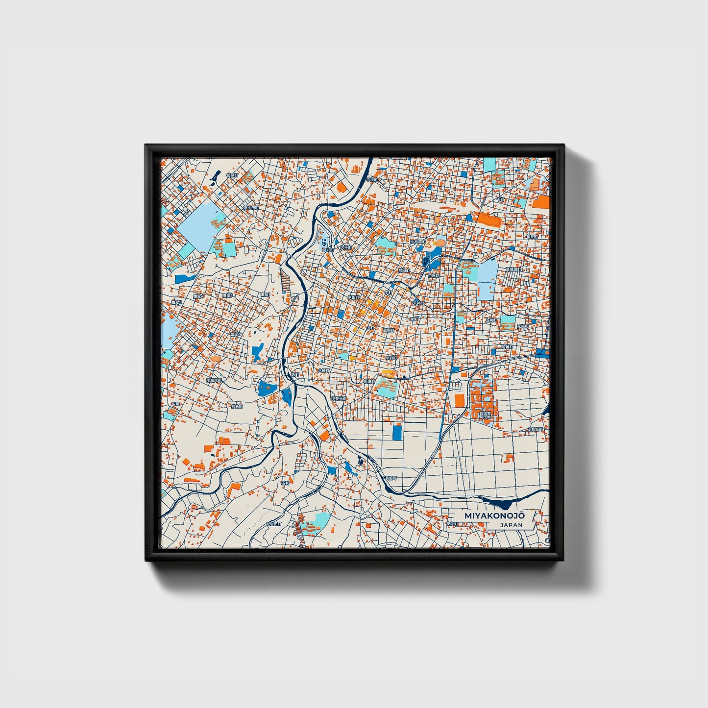 Miyakonojō Japan Colorful City Map Canvas Print • Black Framed