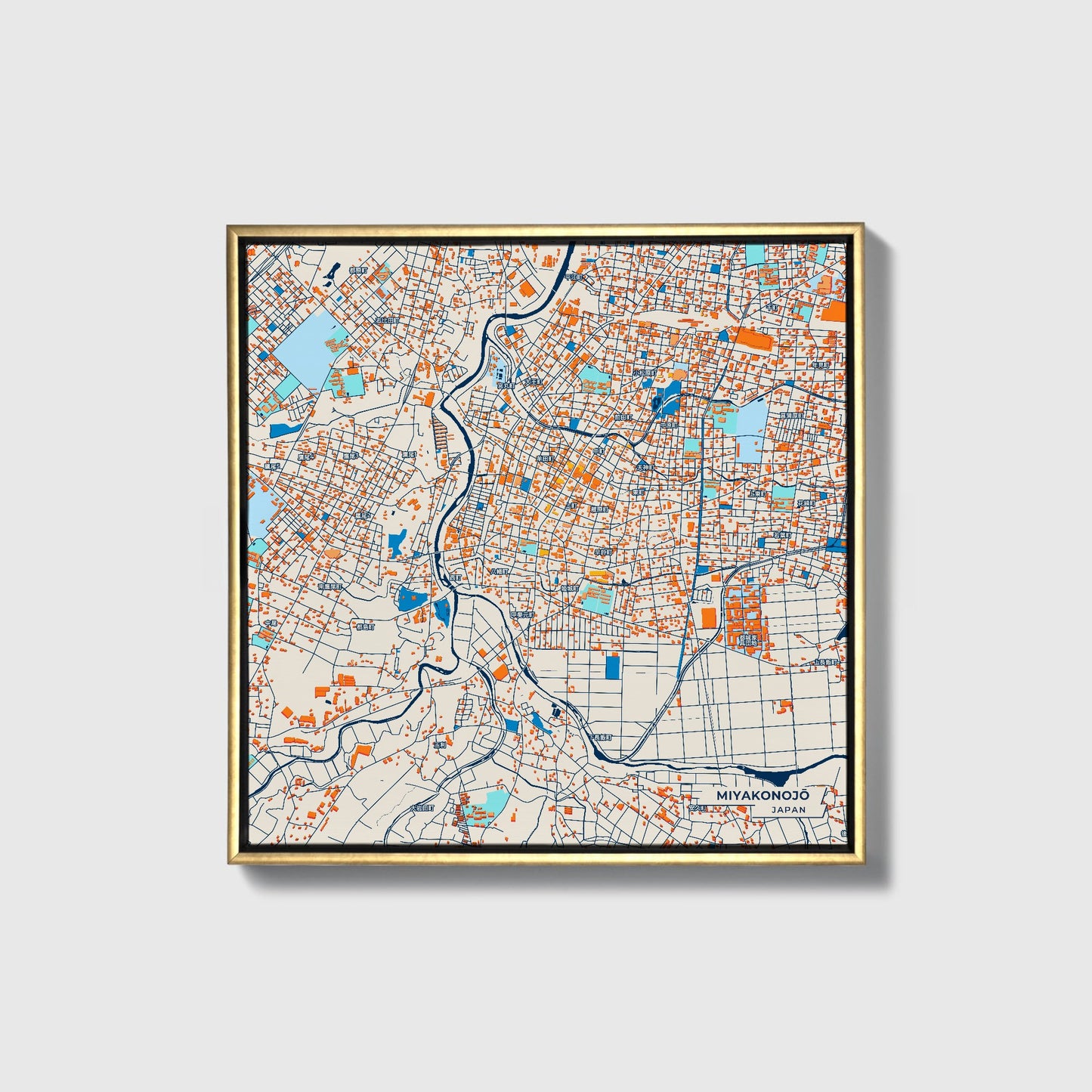 Miyakonojō Japan Colorful City Map Canvas Print • Gold Framed