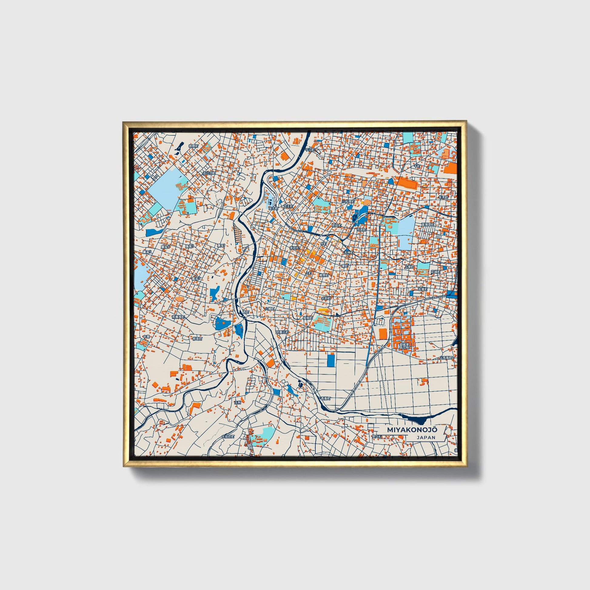 Miyakonojō Japan Colorful City Map Canvas Print • Gold Framed