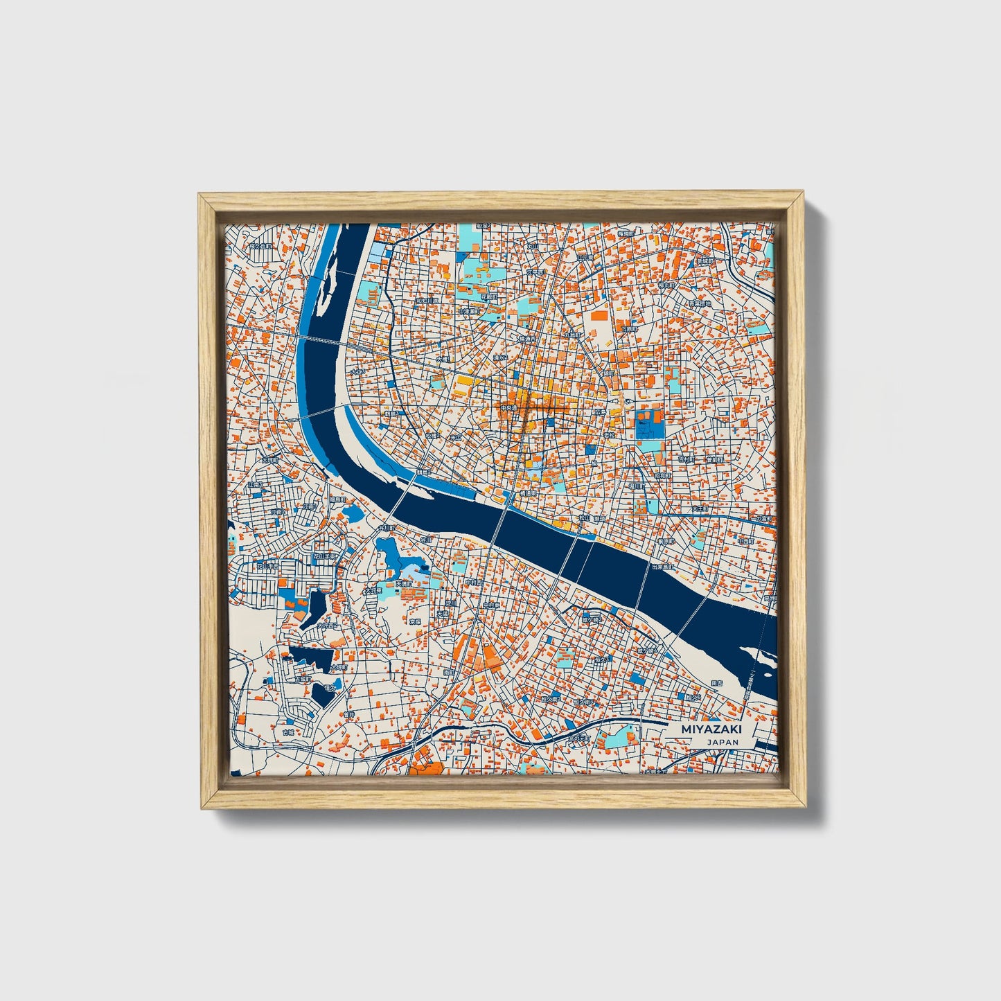 Miyazaki Japan Colorful City Map Canvas Print • Natural Wooden Framed
