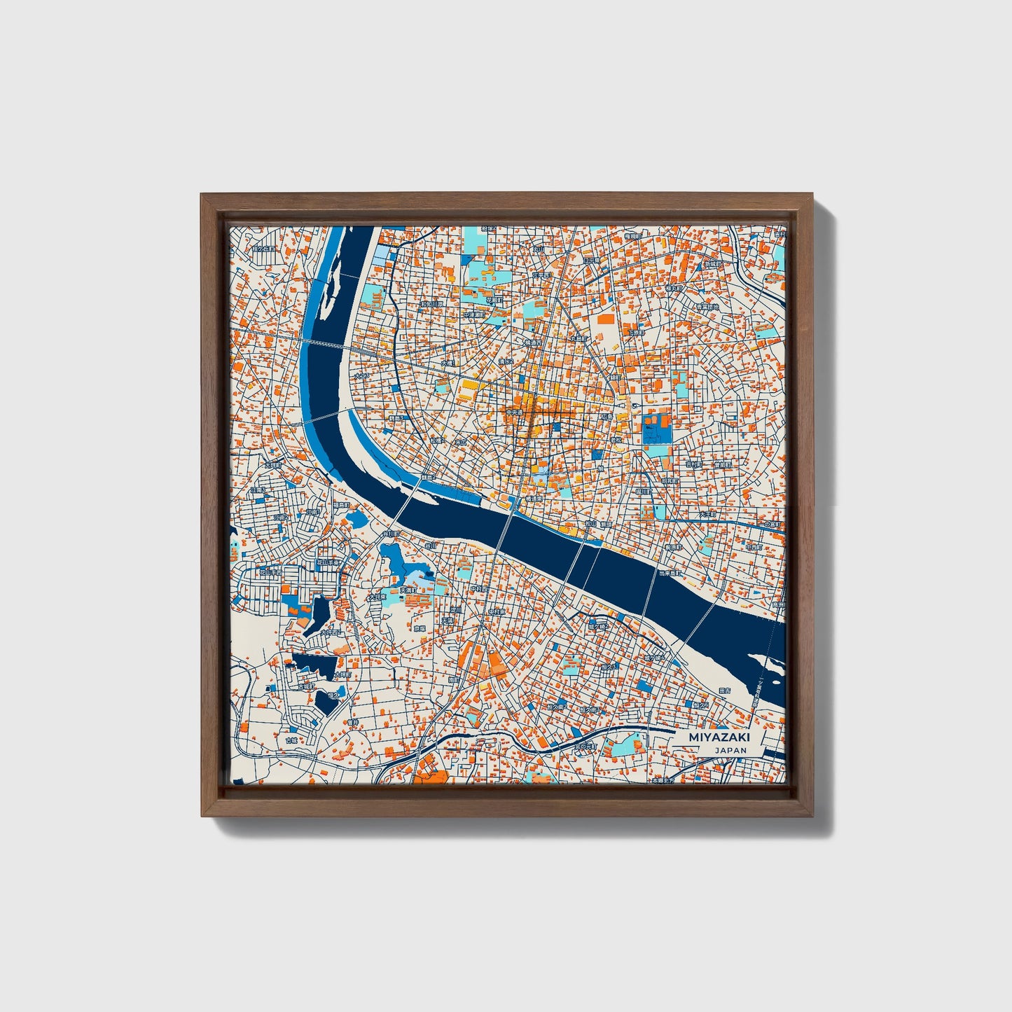 Miyazaki Japan Colorful City Map Canvas Print • Dark Wooden Framed