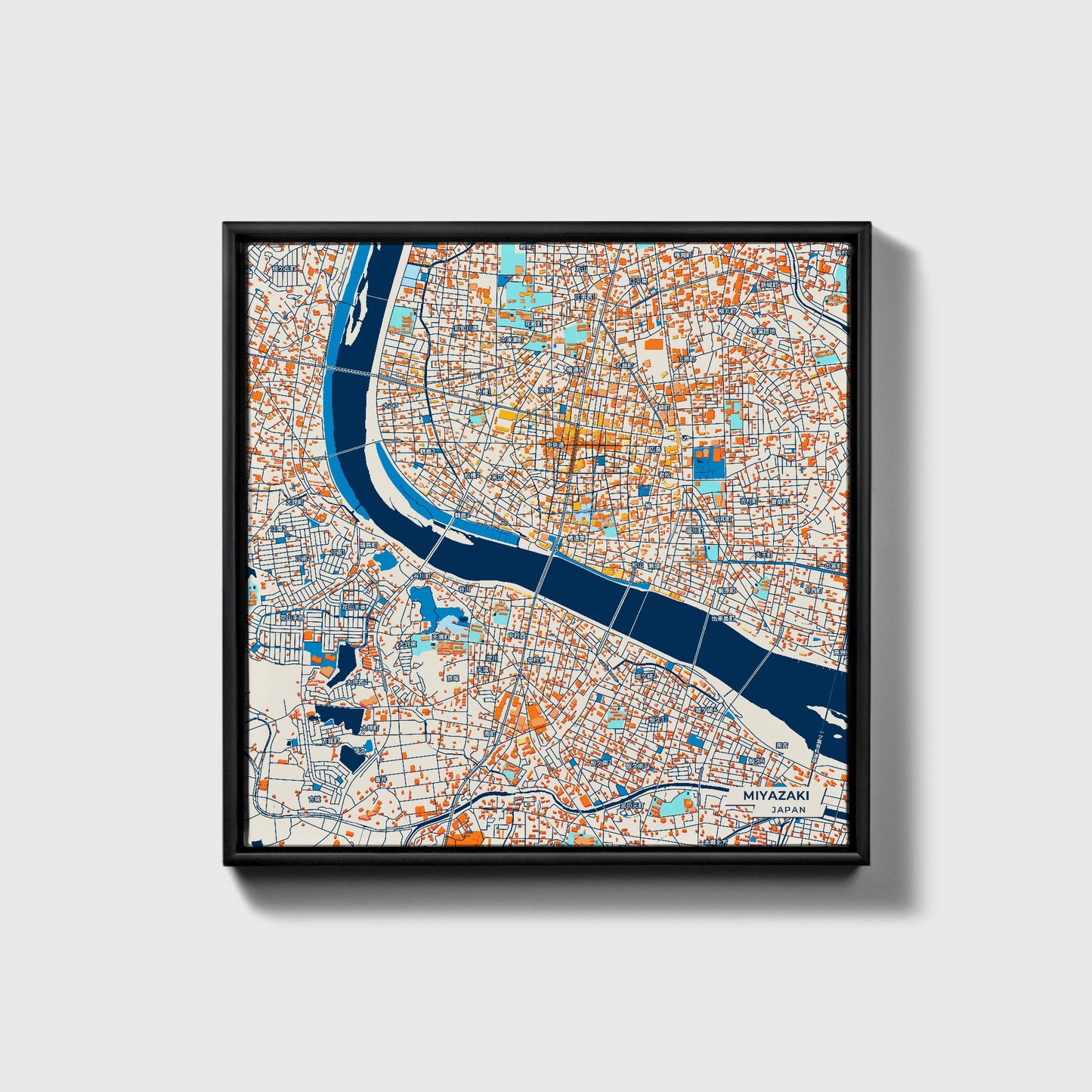 Miyazaki Japan Colorful City Map Canvas Print • Black Framed