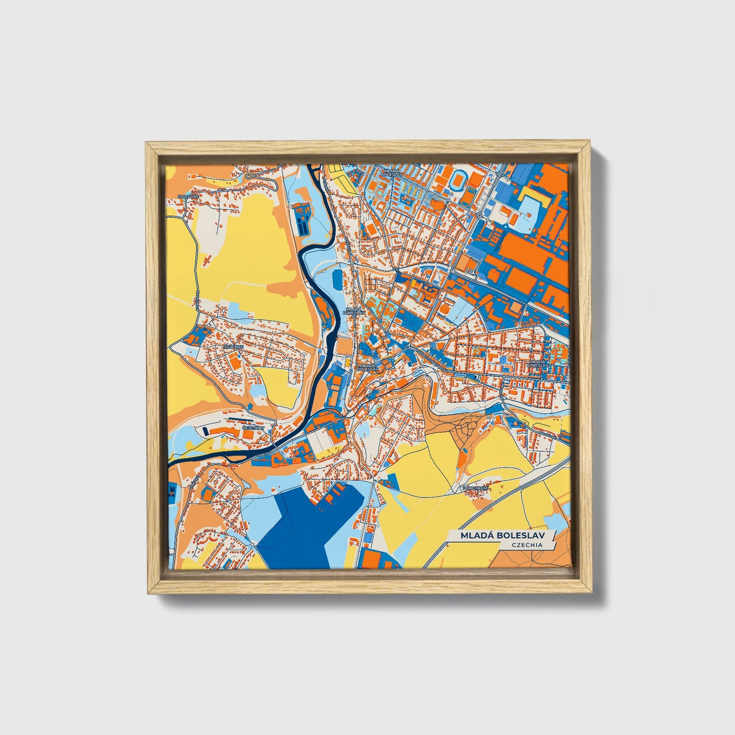 Mladáboleslav Czechia Colorful City Map Canvas Print • Natural Wooden Framed