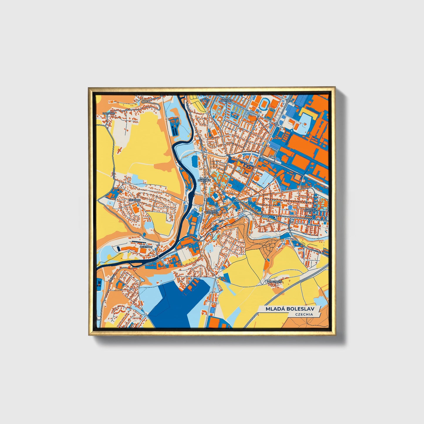 Mladáboleslav Czechia Colorful City Map Canvas Print • Gold Framed