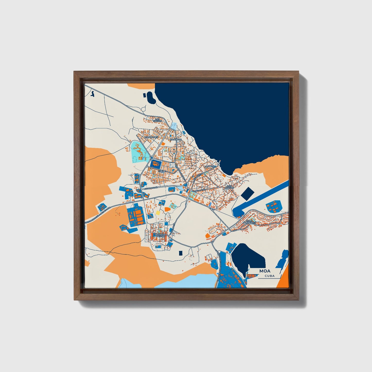 Moa Cuba Colorful City Map Canvas Print • Dark Wooden Framed