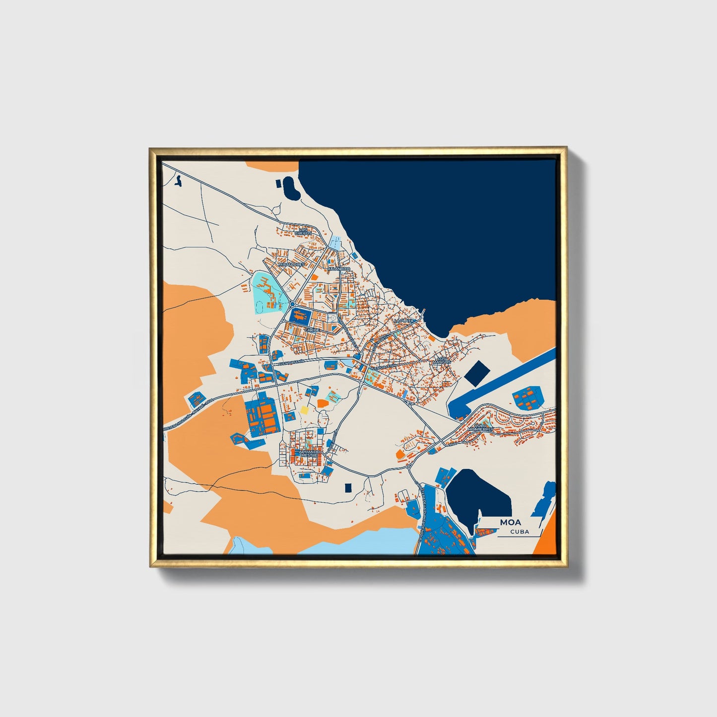 Moa Cuba Colorful City Map Canvas Print • Gold Framed
