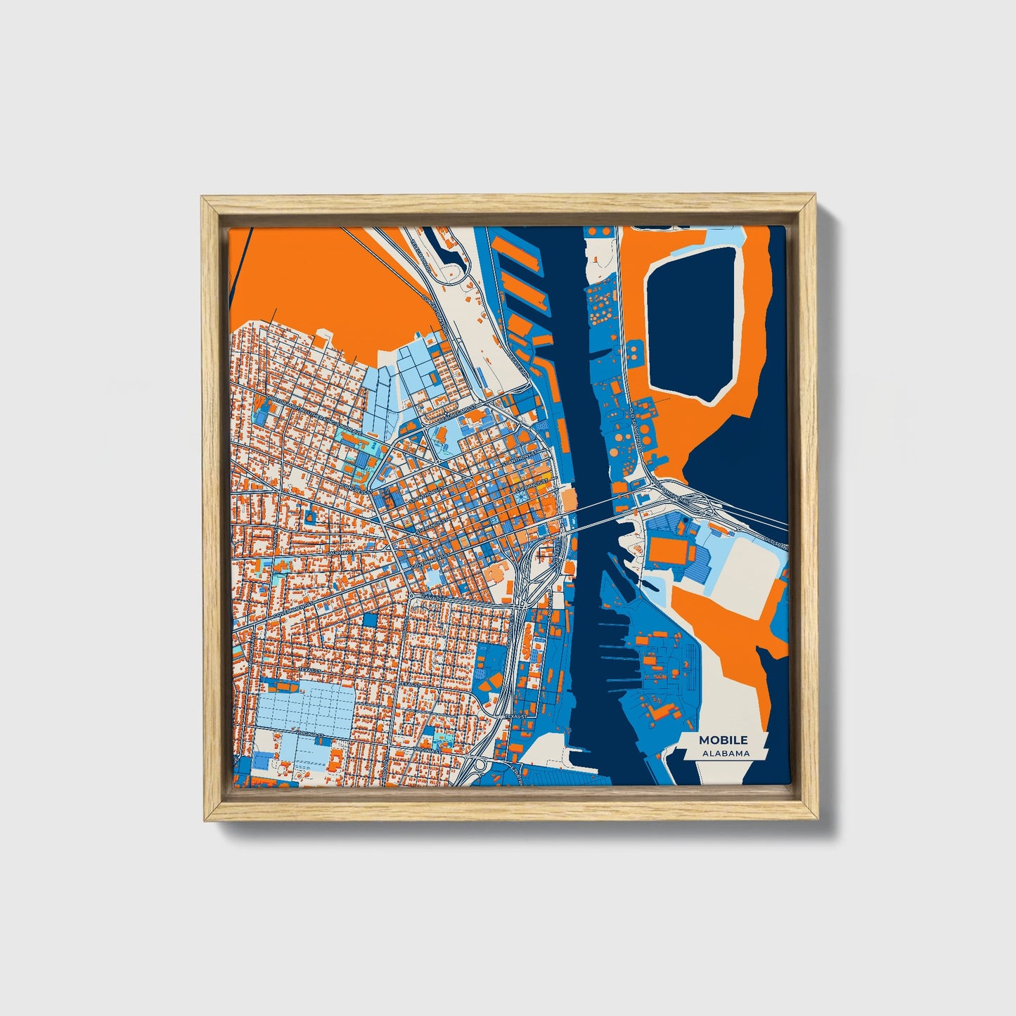 Mobile Alabama Colorful City Map Canvas Print • Natural Wooden Framed