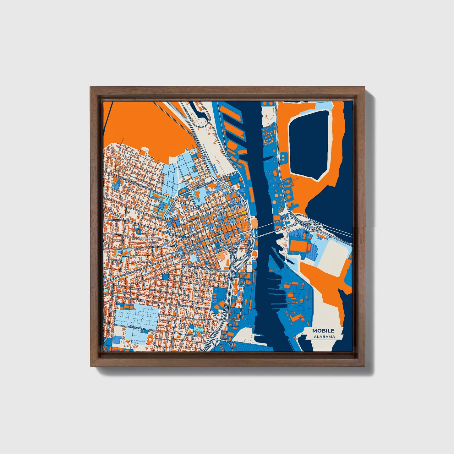 Mobile Alabama Colorful City Map Canvas Print • Dark Wooden Framed