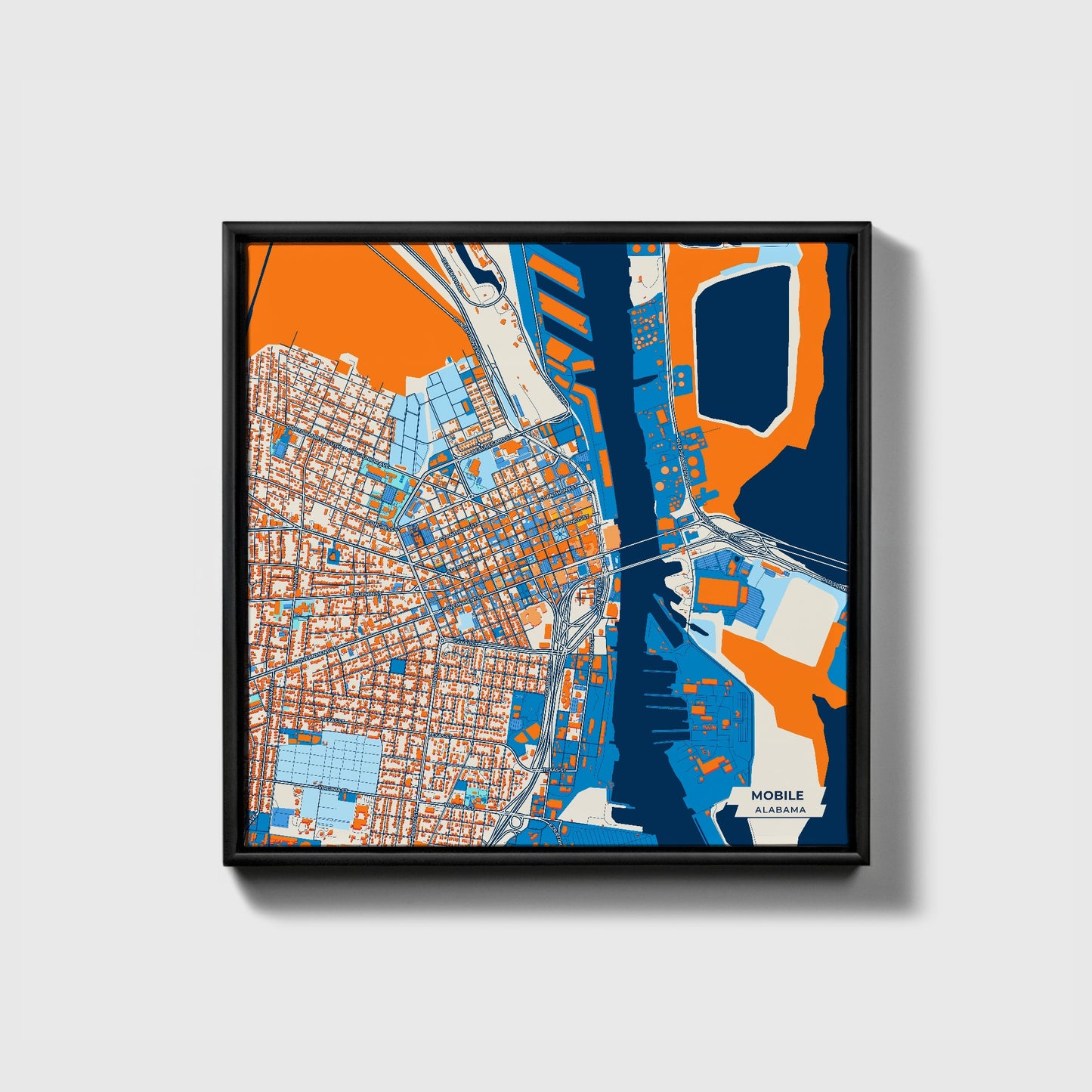 Mobile Alabama Colorful City Map Canvas Print • Black Framed