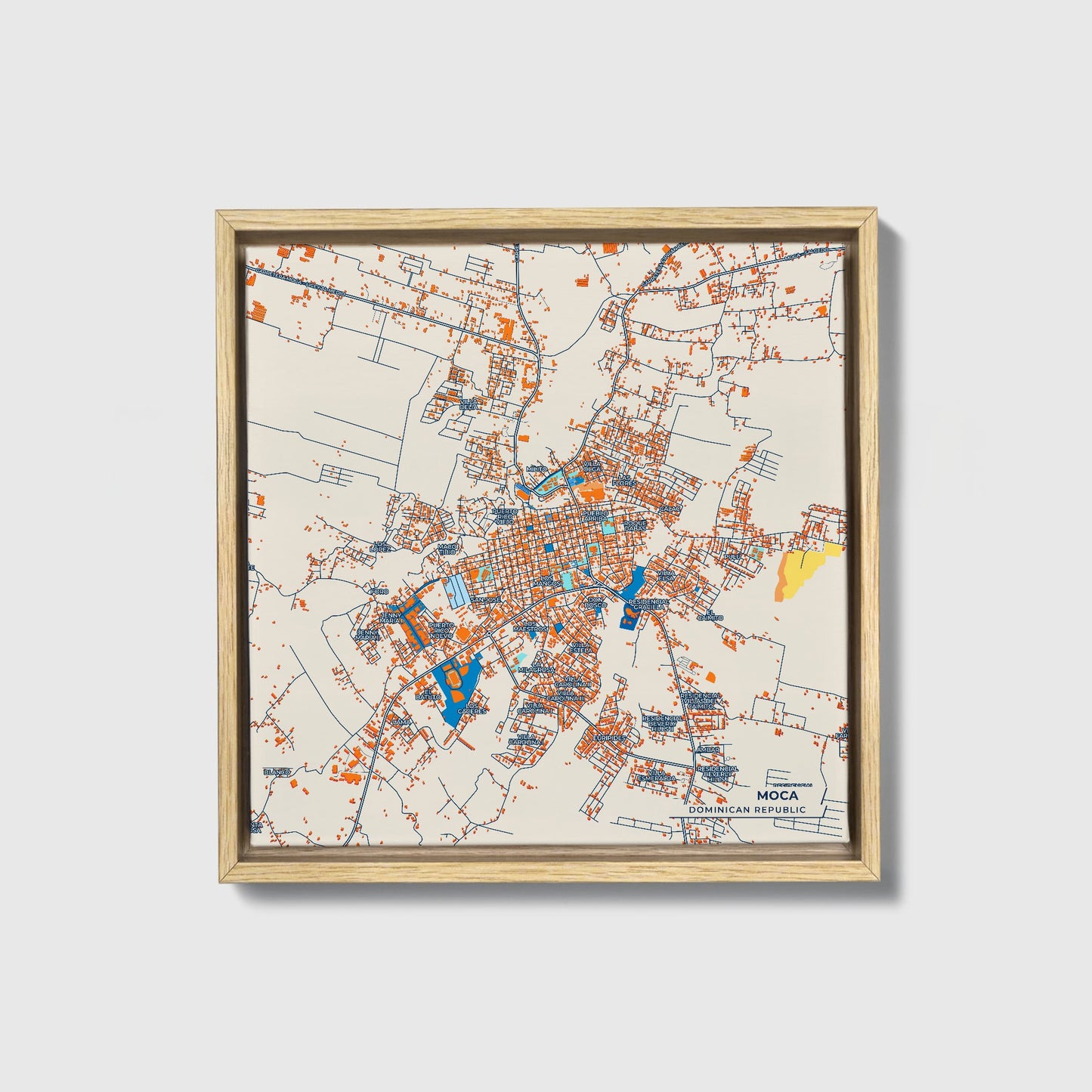 Moca Dominican Republic Colorful City Map Canvas Print • Natural Wooden Framed