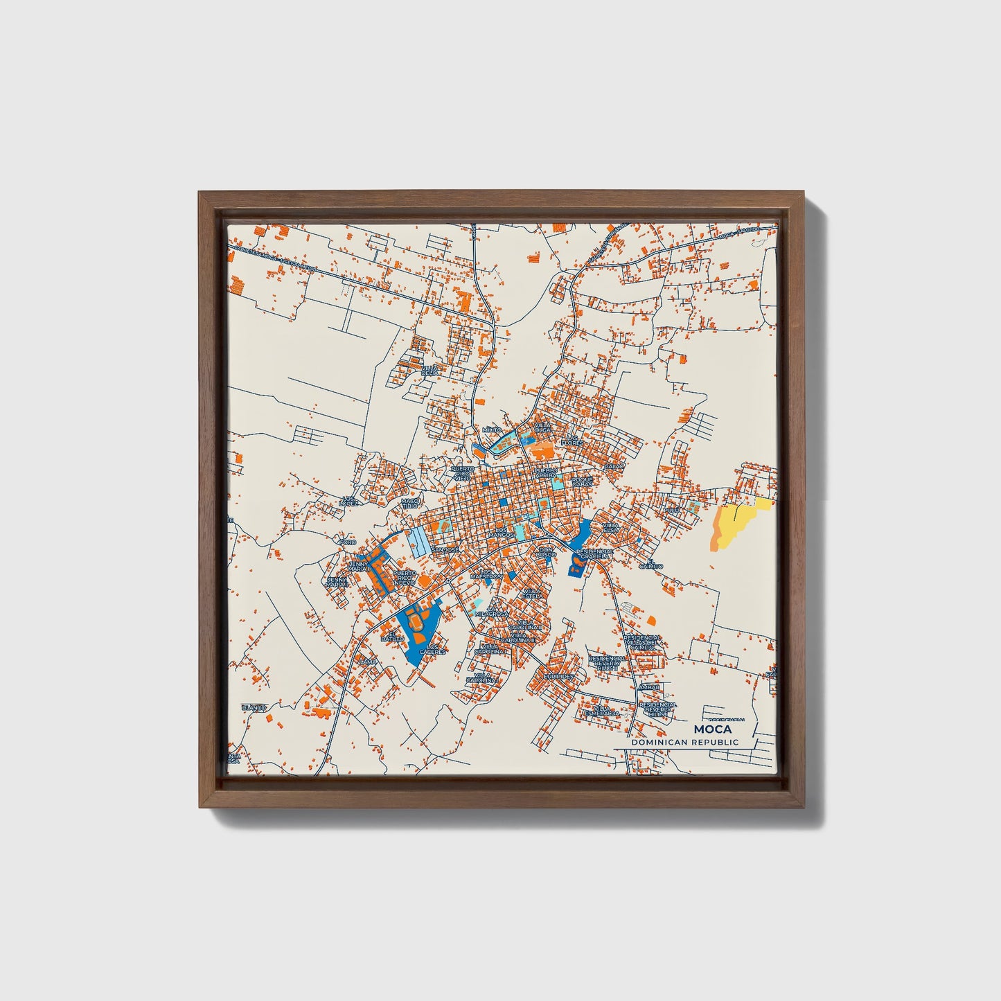 Moca Dominican Republic Colorful City Map Canvas Print • Dark Wooden Framed