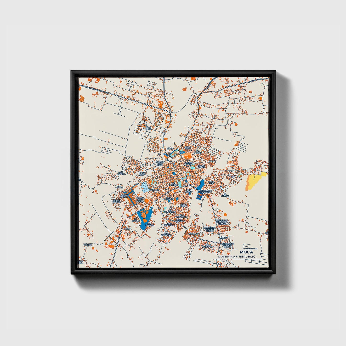 Moca Dominican Republic Colorful City Map Canvas Print • Black Framed