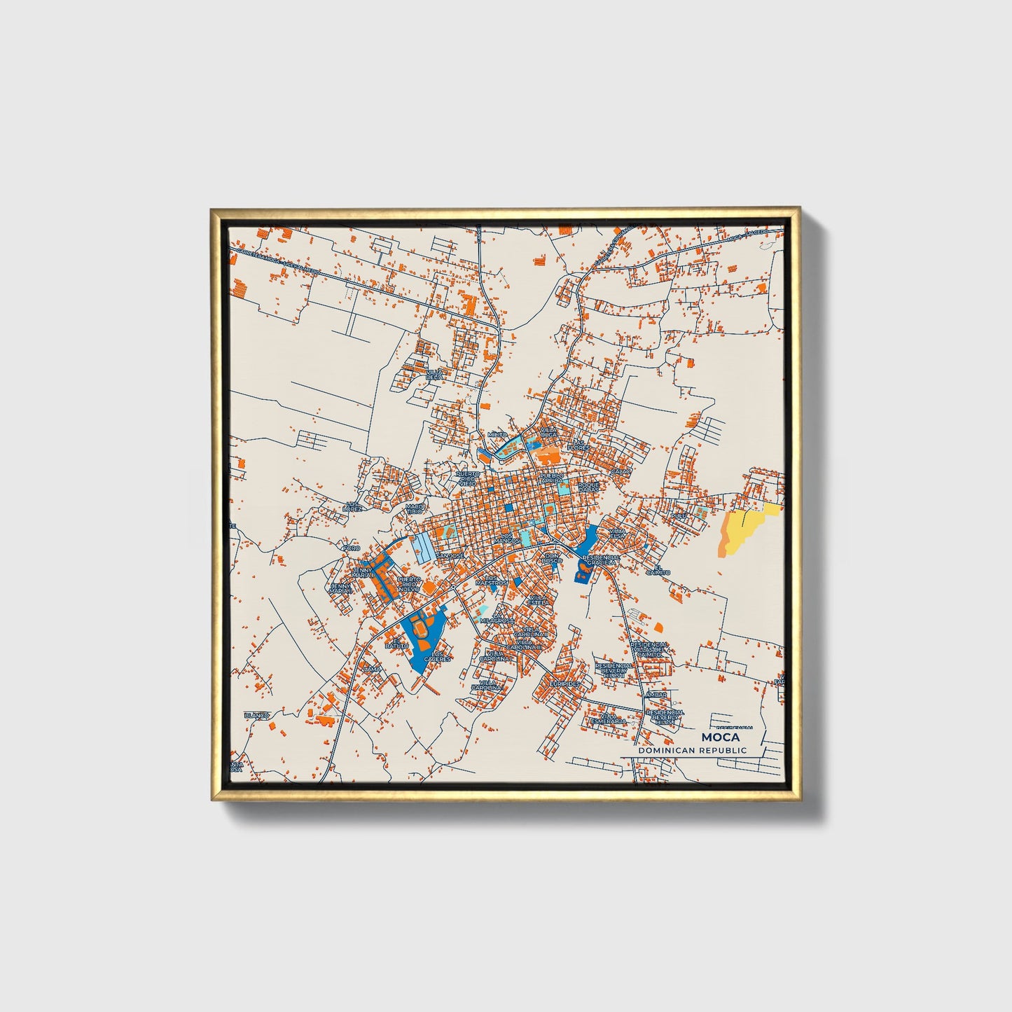 Moca Dominican Republic Colorful City Map Canvas Print • Gold Framed