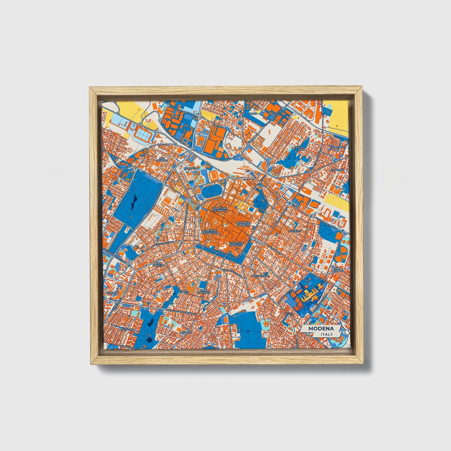 Modena  Italy Colorful City Map Canvas Print • Natural Wooden Framed
