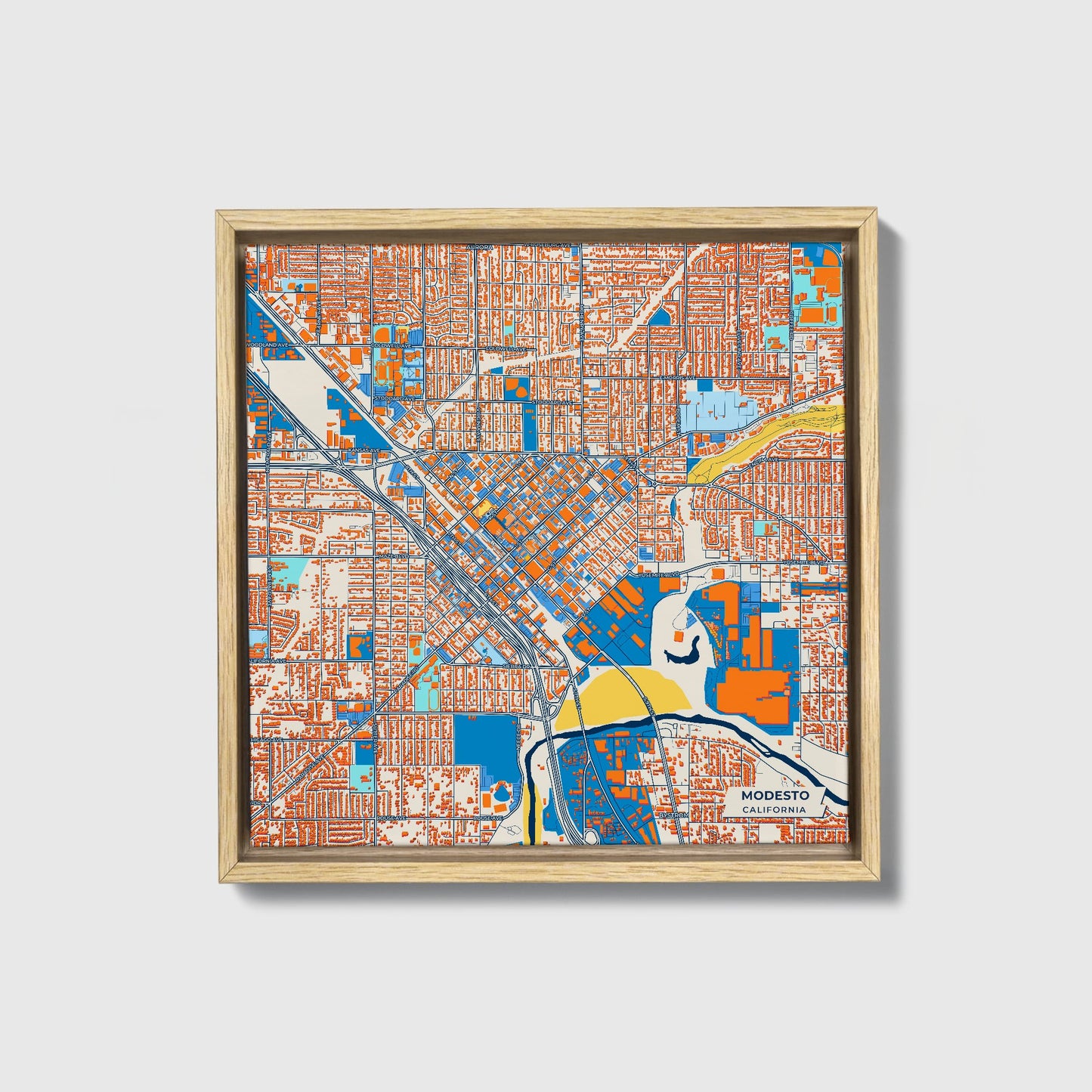 Modesto California Colorful City Map Canvas Print • Natural Wooden Framed