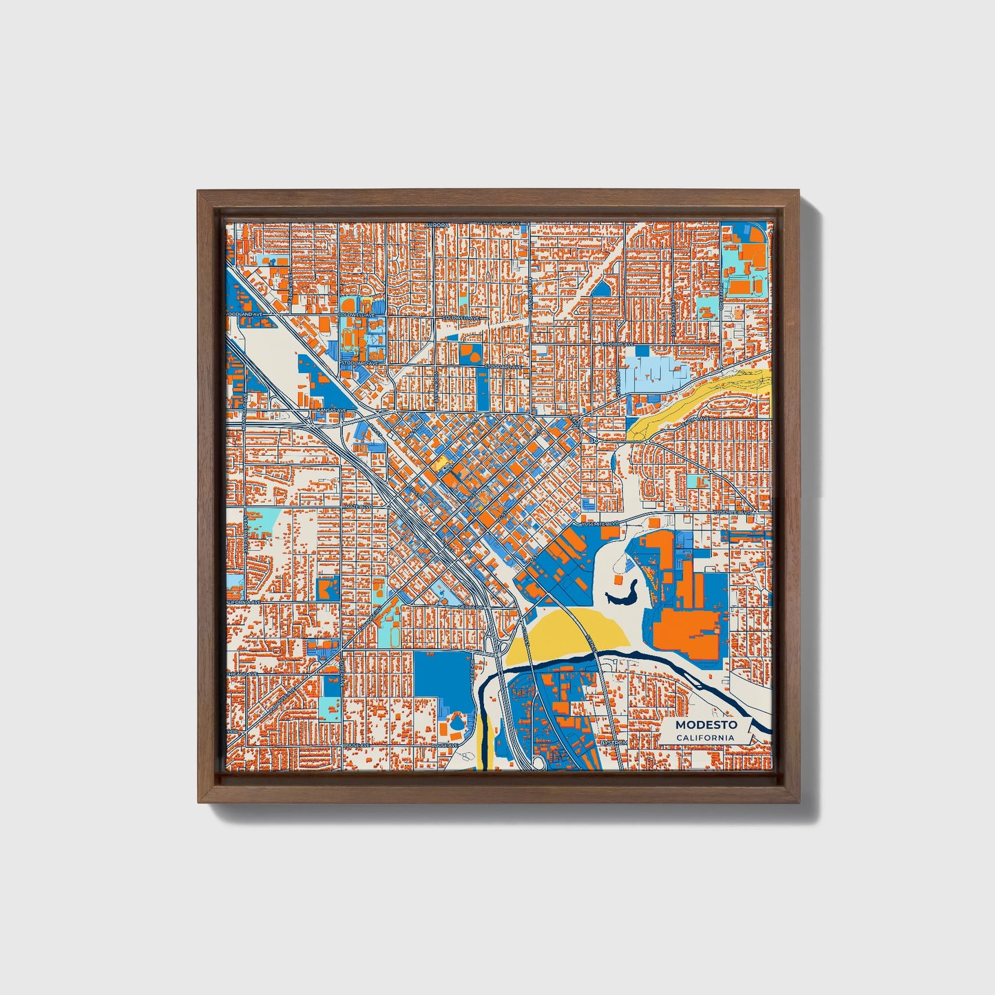 Modesto California Colorful City Map Canvas Print • Dark Wooden Framed
