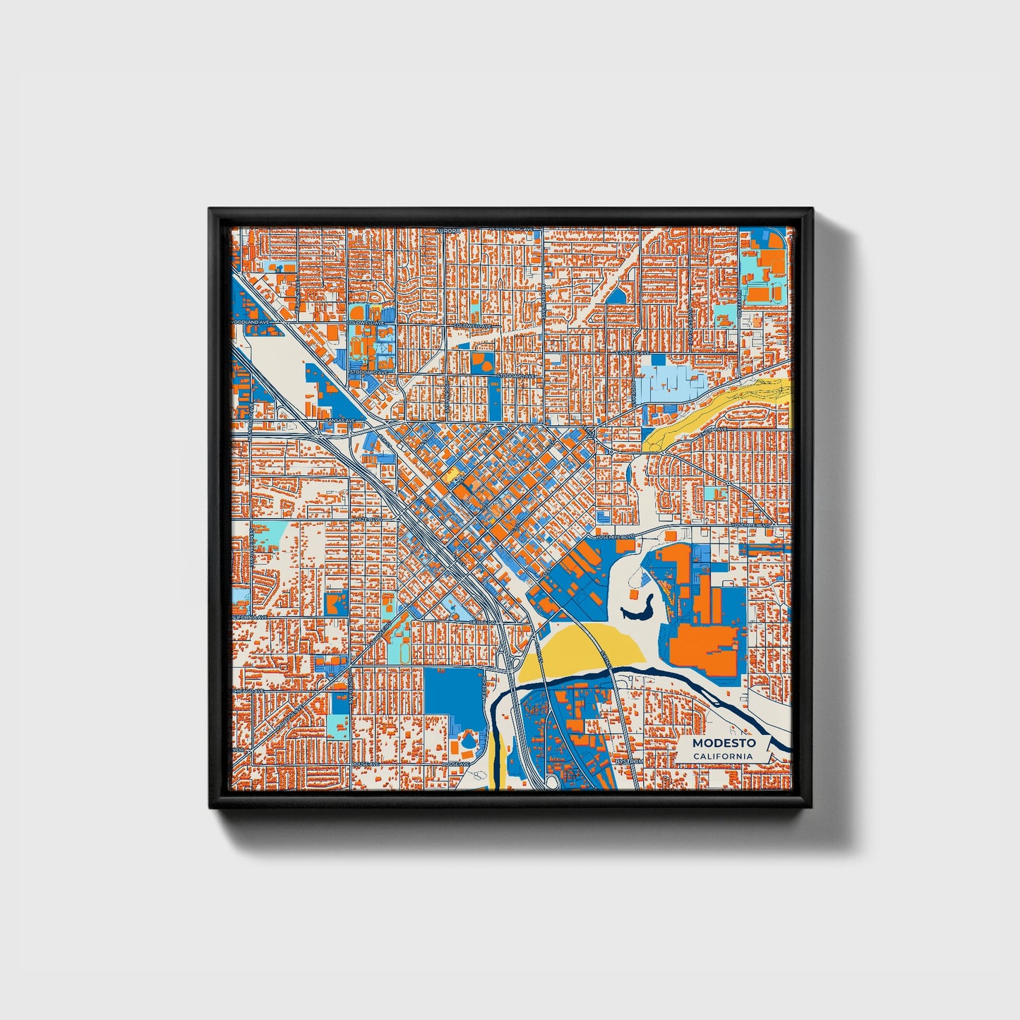 Modesto California Colorful City Map Canvas Print • Black Framed