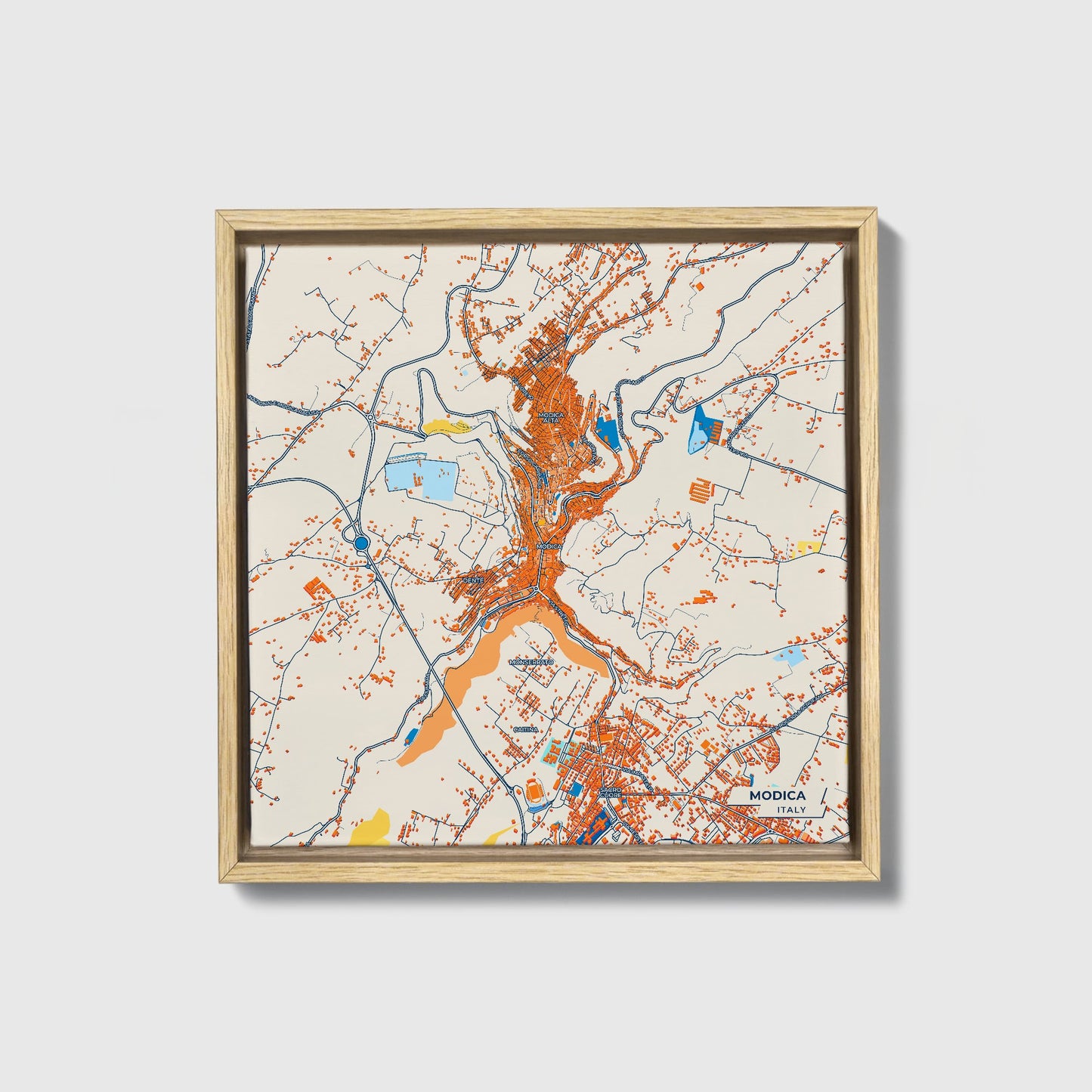 Modica Italy Colorful City Map Canvas Print • Natural Wooden Framed