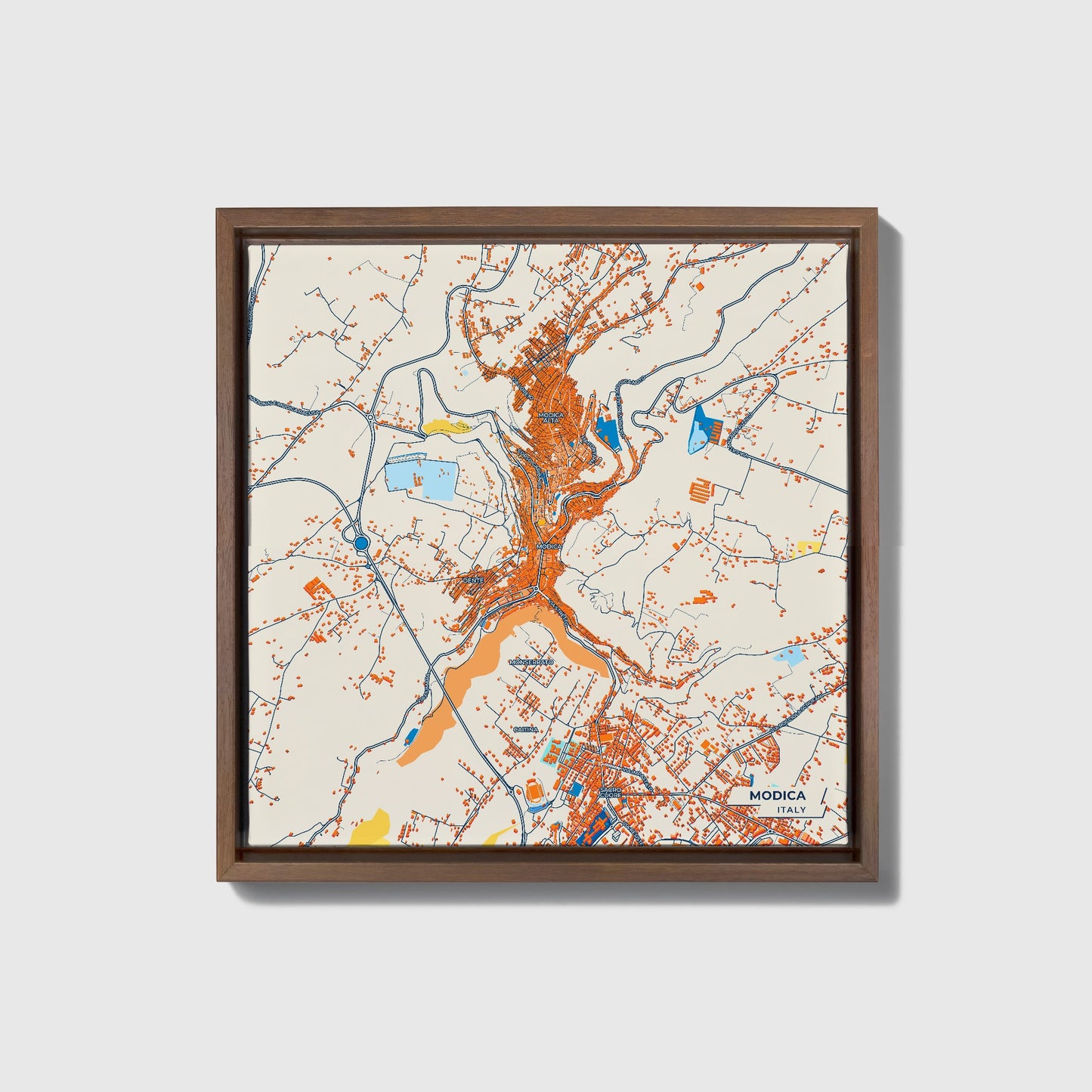 Modica Italy Colorful City Map Canvas Print • Dark Wooden Framed