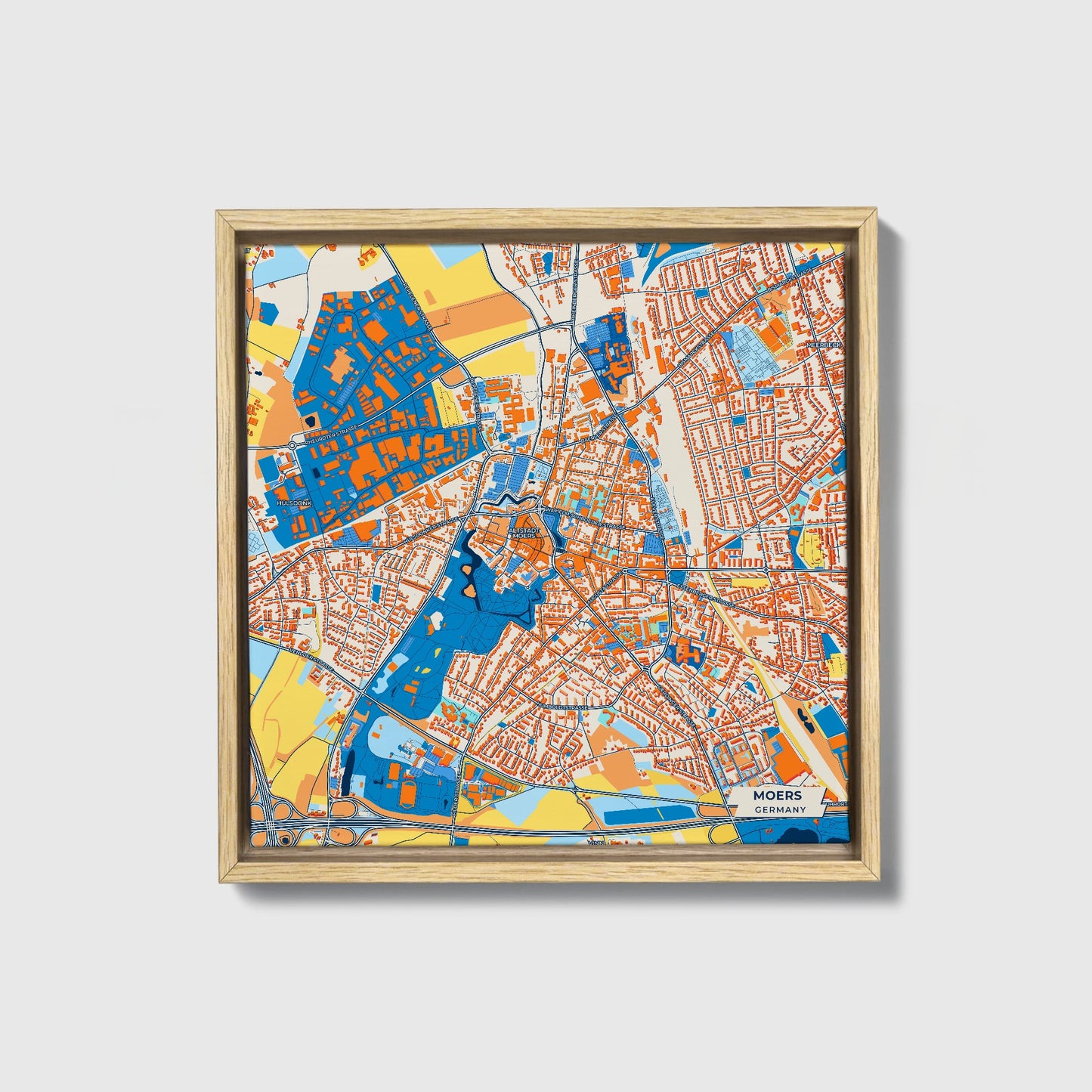Moers Germany Colorful City Map Canvas Print • Natural Wooden Framed