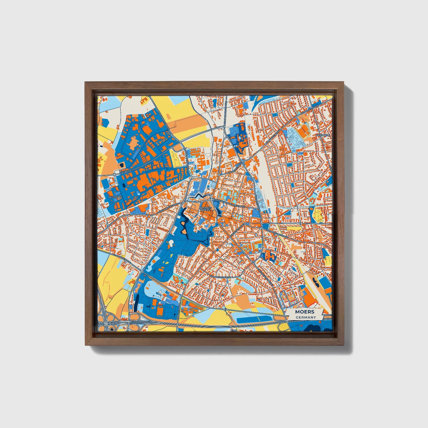 Moers Germany Colorful City Map Canvas Print • Dark Wooden Framed