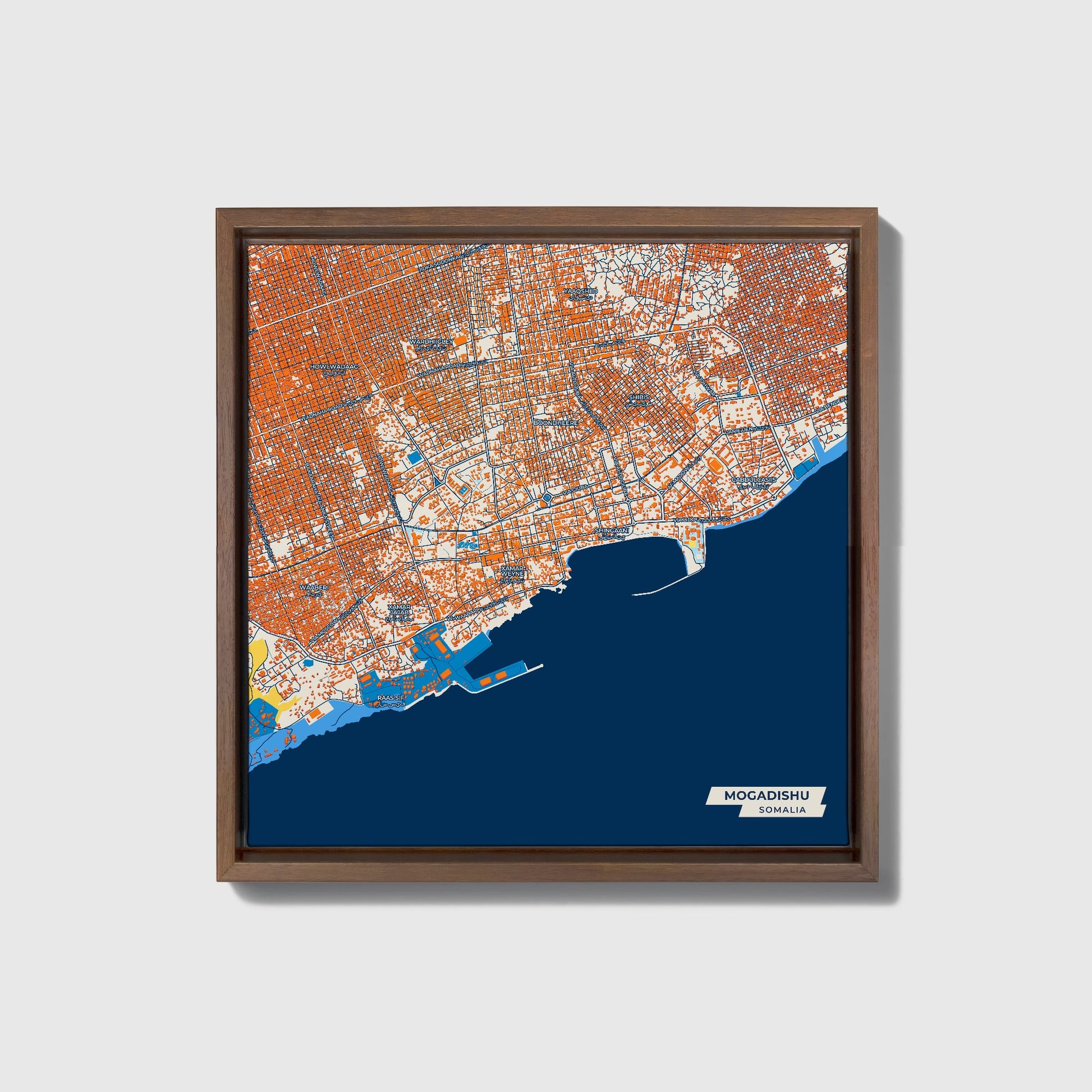 Mogadishu Somalia Colorful City Map Canvas Print • Dark Wooden Framed