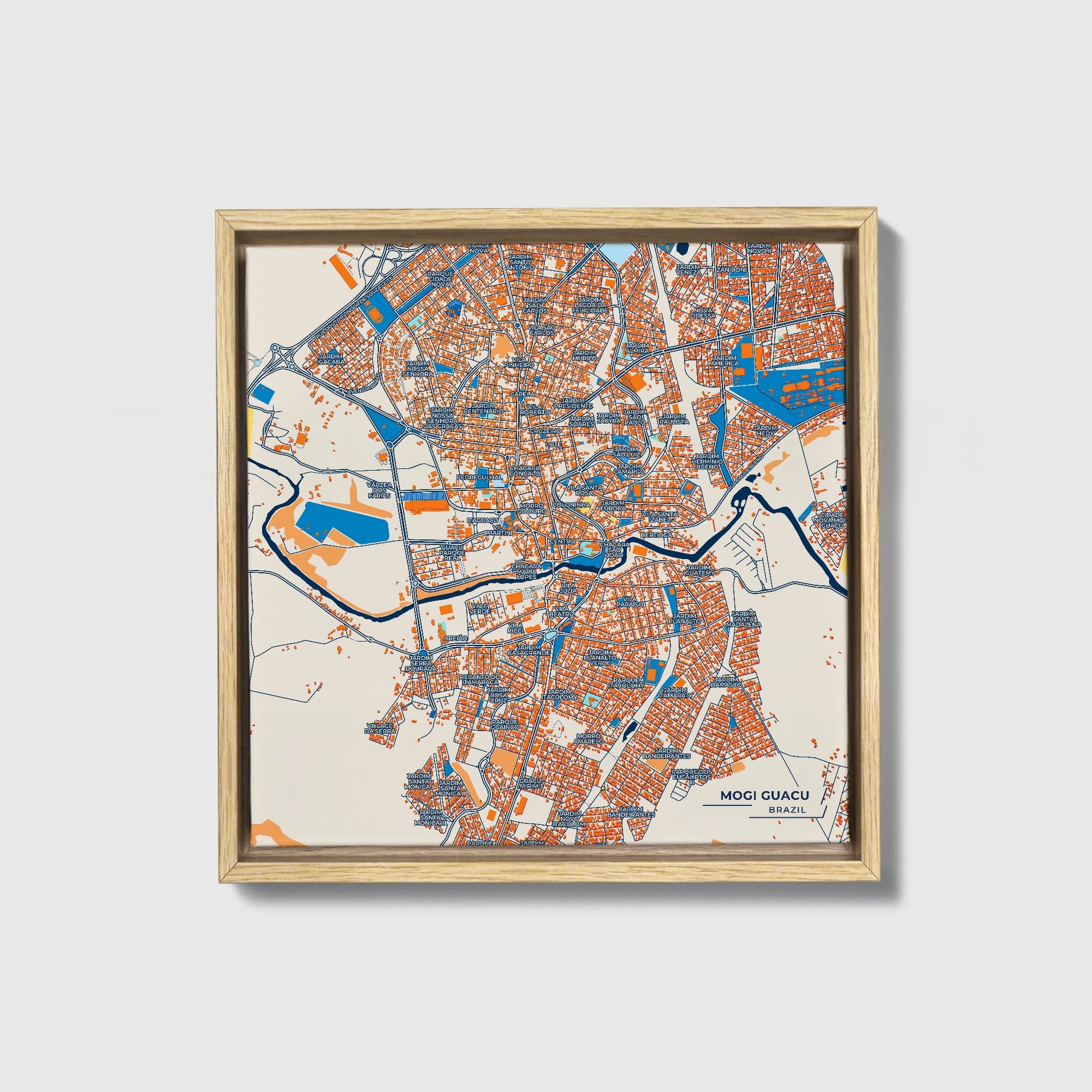 Mogi Guacu Brazil Colorful City Map Canvas Print • Natural Wooden Framed