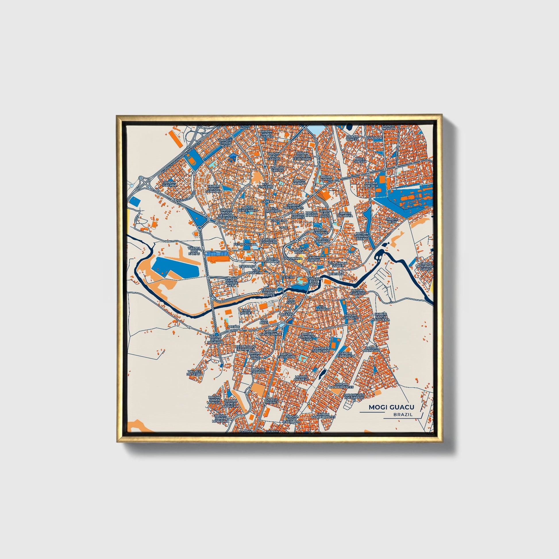 Mogi Guacu Brazil Colorful City Map Canvas Print • Gold Framed
