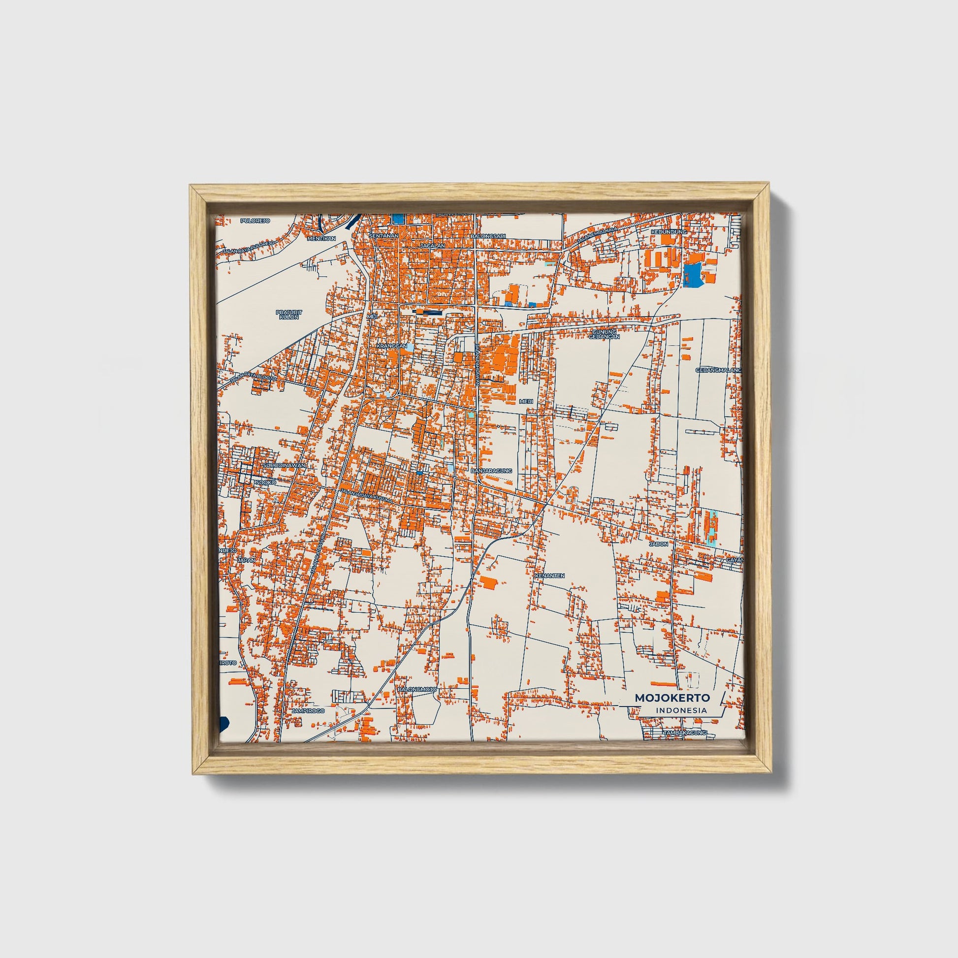 Mojokerto Indonesia Colorful City Map Canvas Print • Natural Wooden Framed