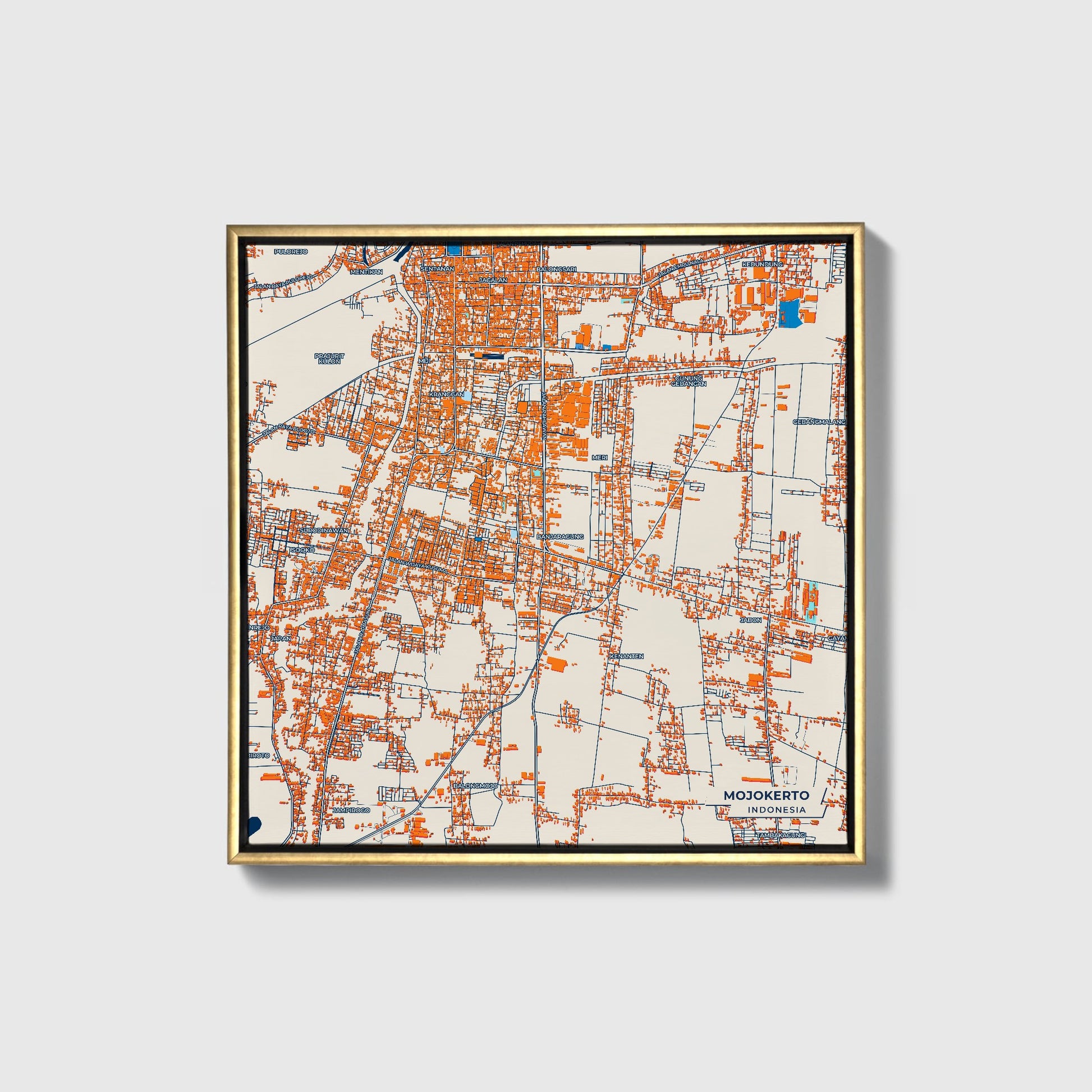 Mojokerto Indonesia Colorful City Map Canvas Print • Gold Framed