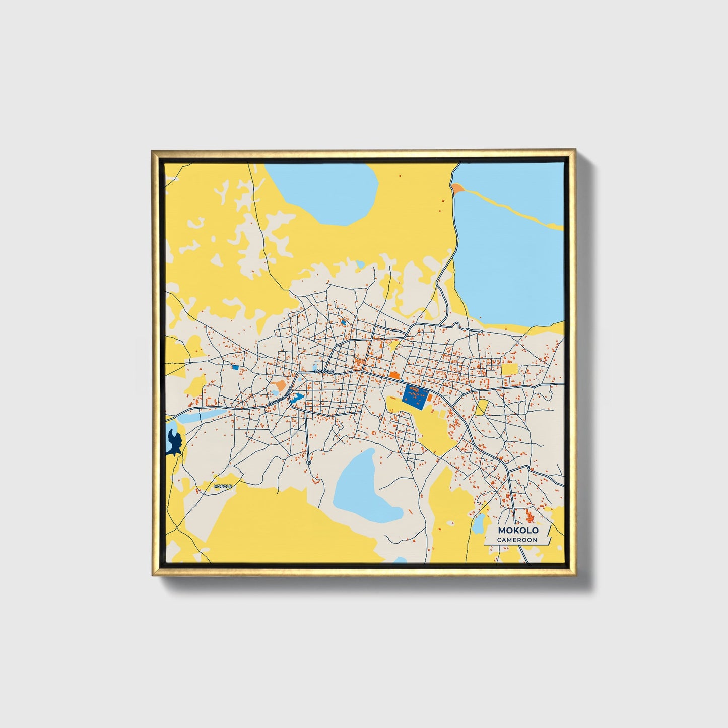 Mokolo Cameroon Colorful City Map Canvas Print • Gold Framed
