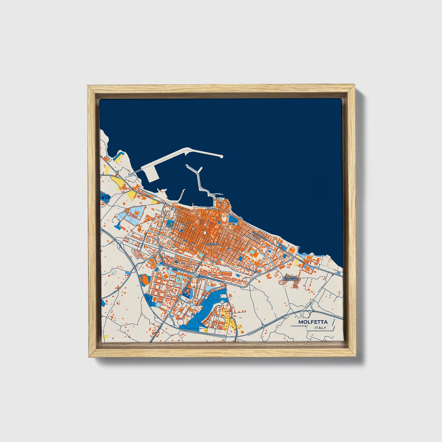 Molfetta Italy Colorful City Map Canvas Print • Natural Wooden Framed