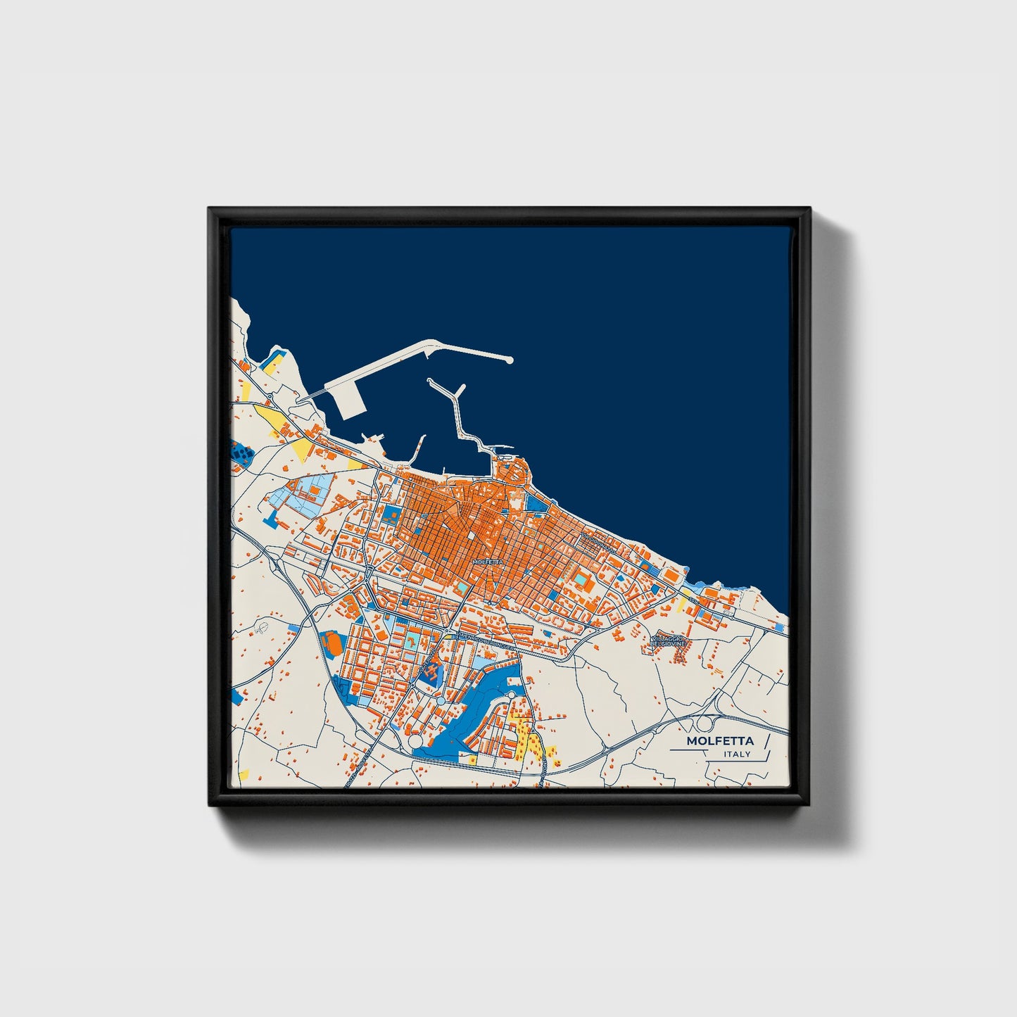 Molfetta Italy Colorful City Map Canvas Print • Black Framed