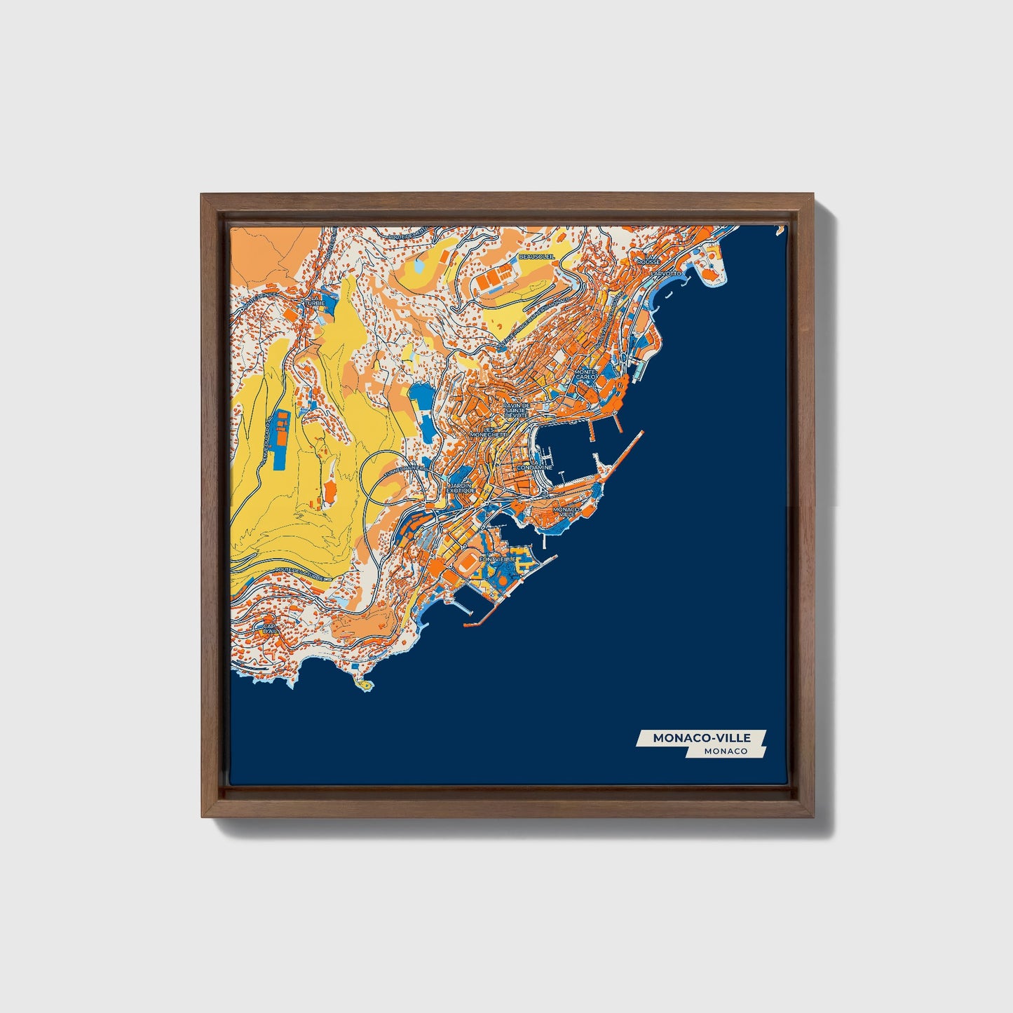 Monaco-Ville Monaco Colorful City Map Canvas Print • Dark Wooden Framed