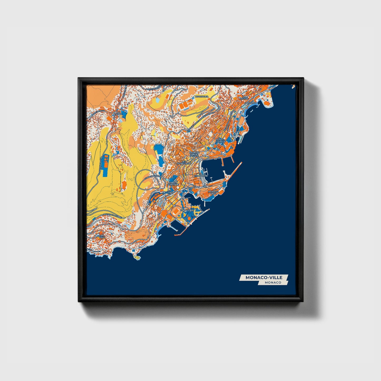 Monaco-Ville Monaco Colorful City Map Canvas Print • Black Framed