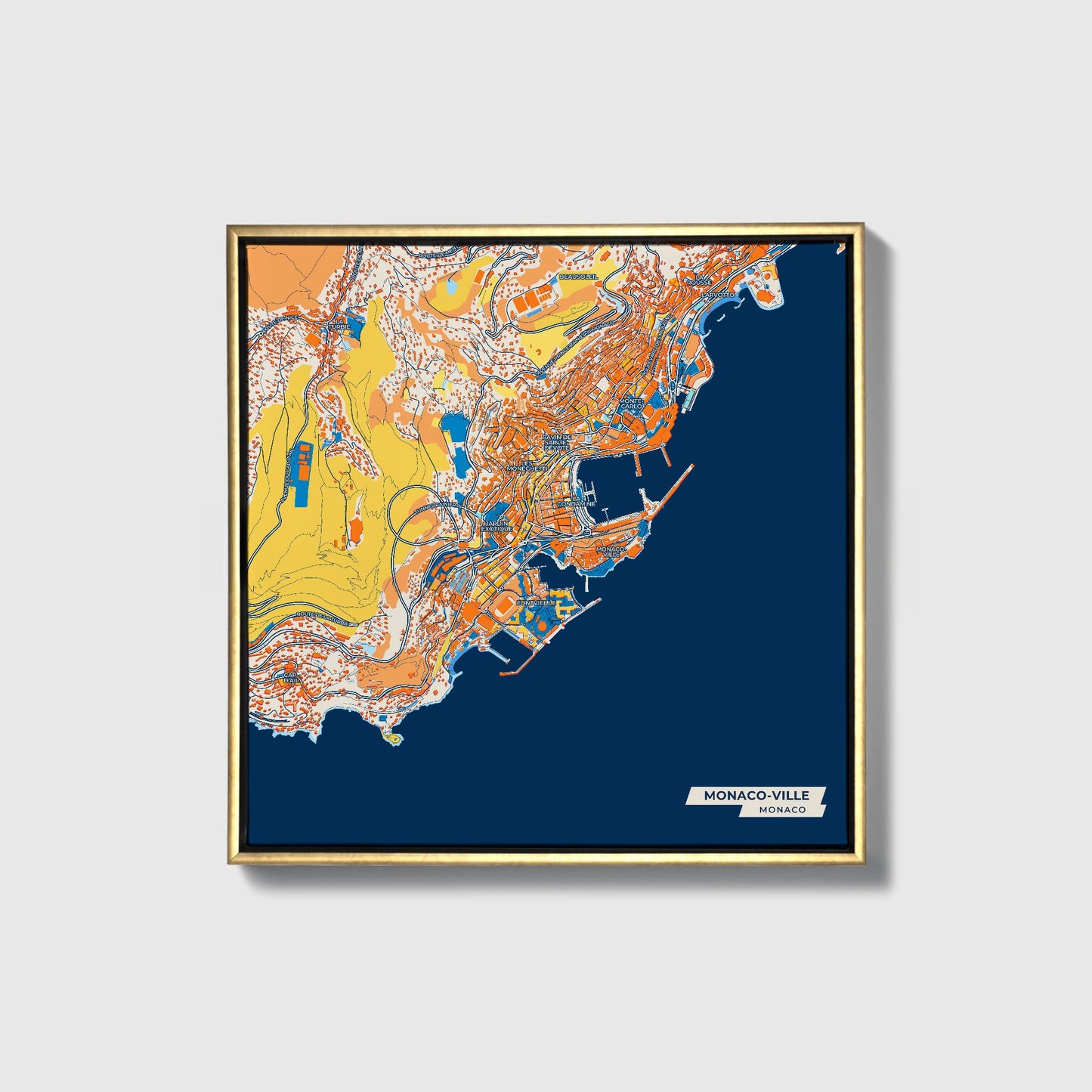 Monaco-Ville Monaco Colorful City Map Canvas Print • Gold Framed